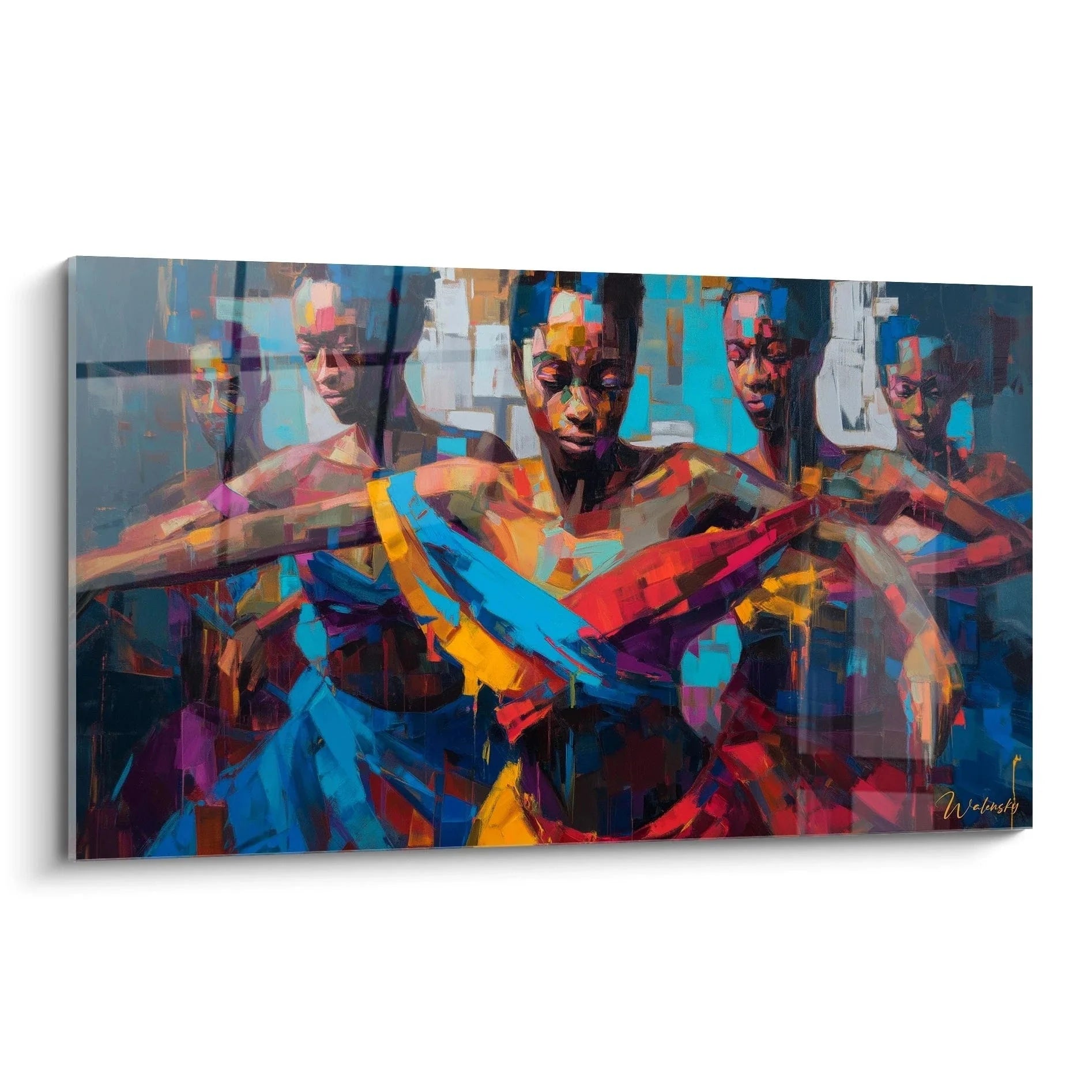 Wandbild abstrakte Tänzer in lebendigen Farben - moderne afrikanische Kunst mit vier Personen