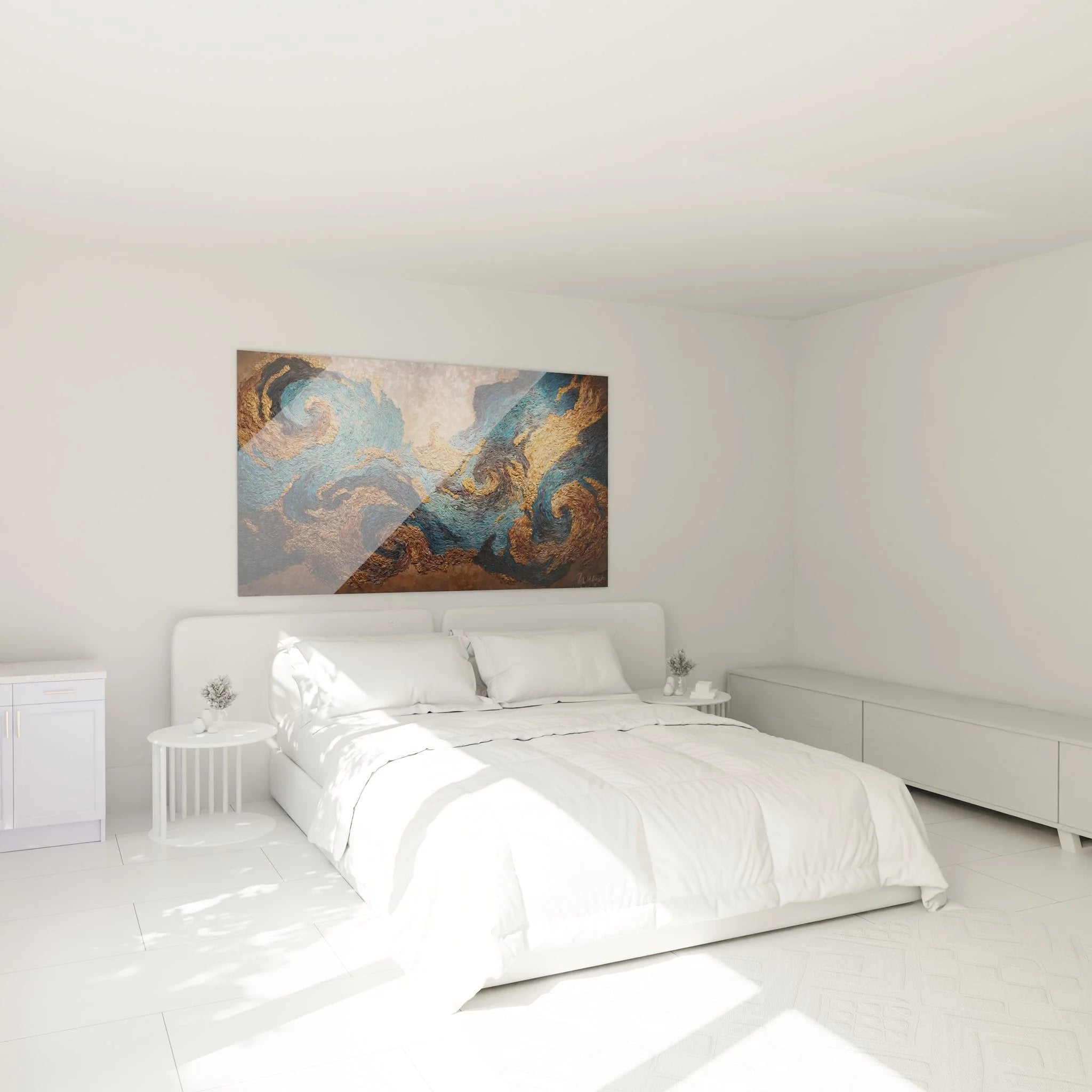 Schlafzimmer Wandbild abstrakte Textur in Blau und Gold für elegante Raumgestaltung