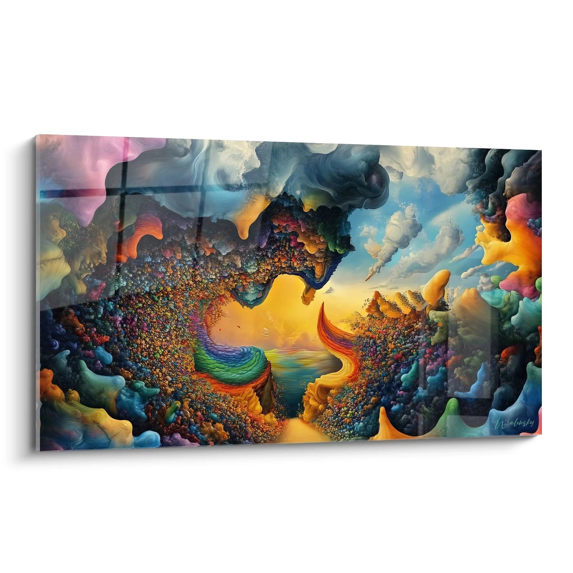 Wandbild abstrakte Traumlandschaft mit kosmischen Portalen und surrealen Elementen in Gold und Blau