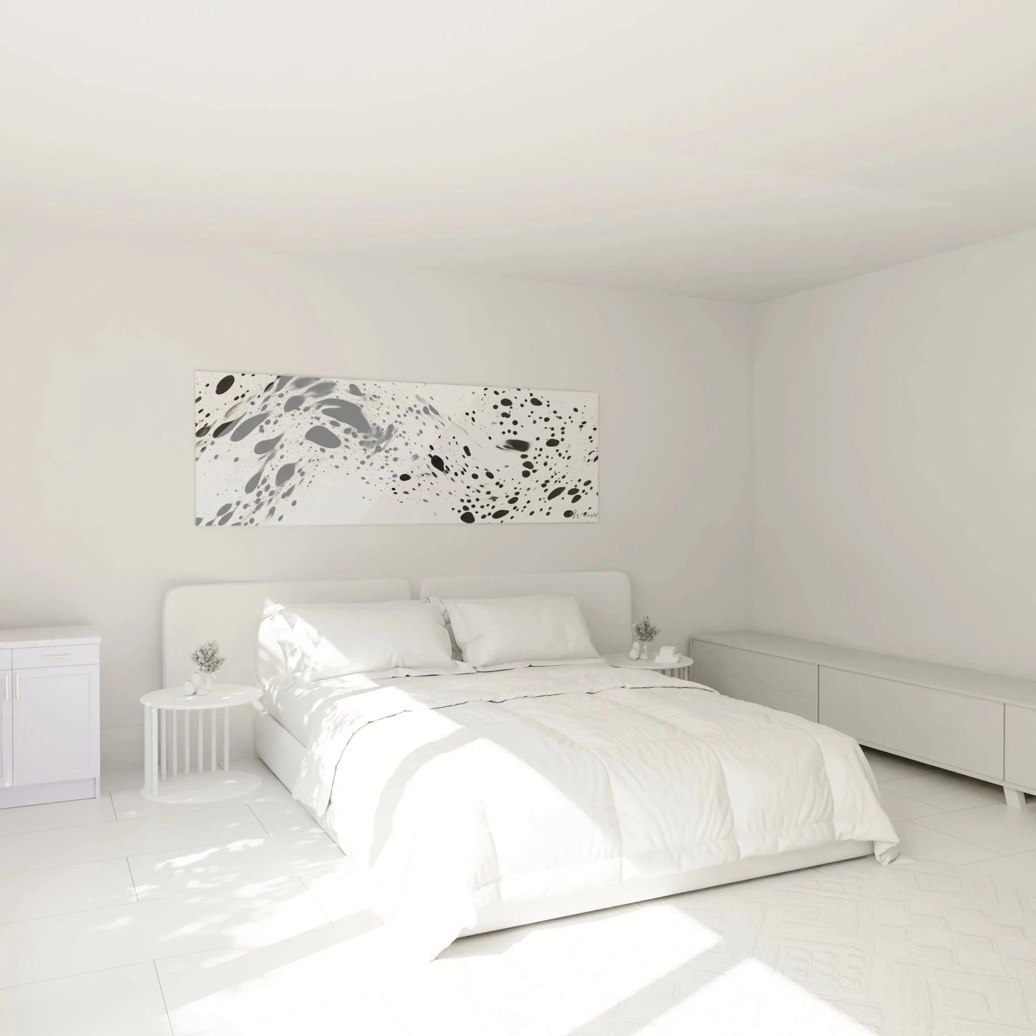 Wandbild abstrakte Tropfen in Schlafzimmer-Ambiente, schwarz-weiße Wanddekoration über Bett, moderne Einrichtung