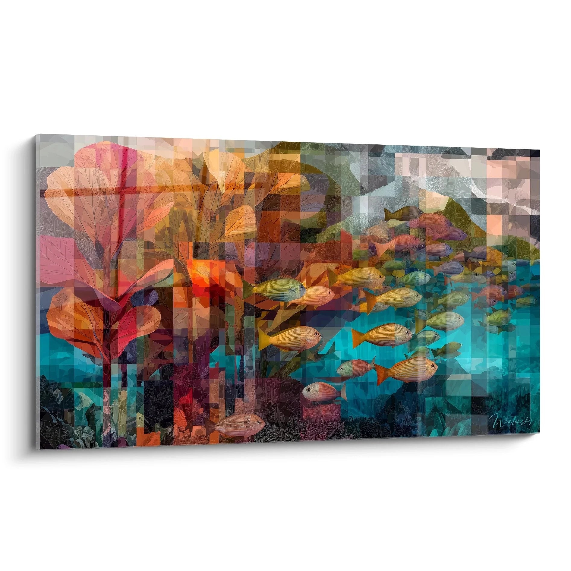 Wandbild abstrakte Unterwasserwelt mit geometrischen Fischen in türkis und orange Tönen - Edition Wald