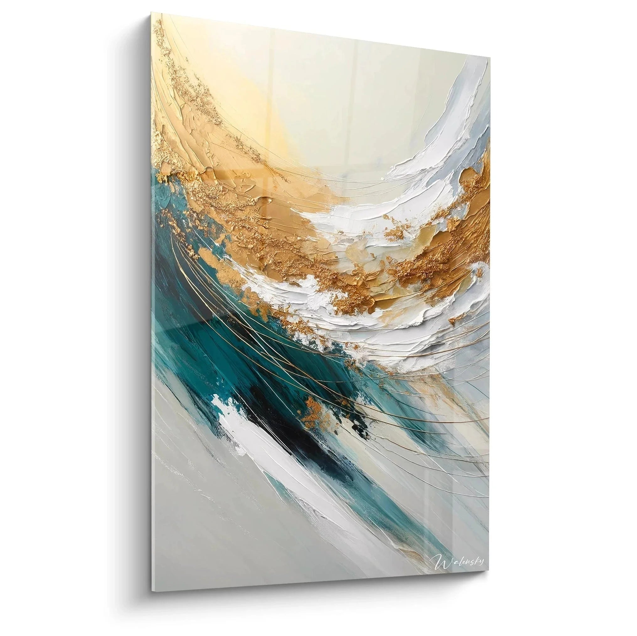 Wandbild abstrakte Welle in Gold und Türkis - Expressionismus Edition für moderne Wohnräume