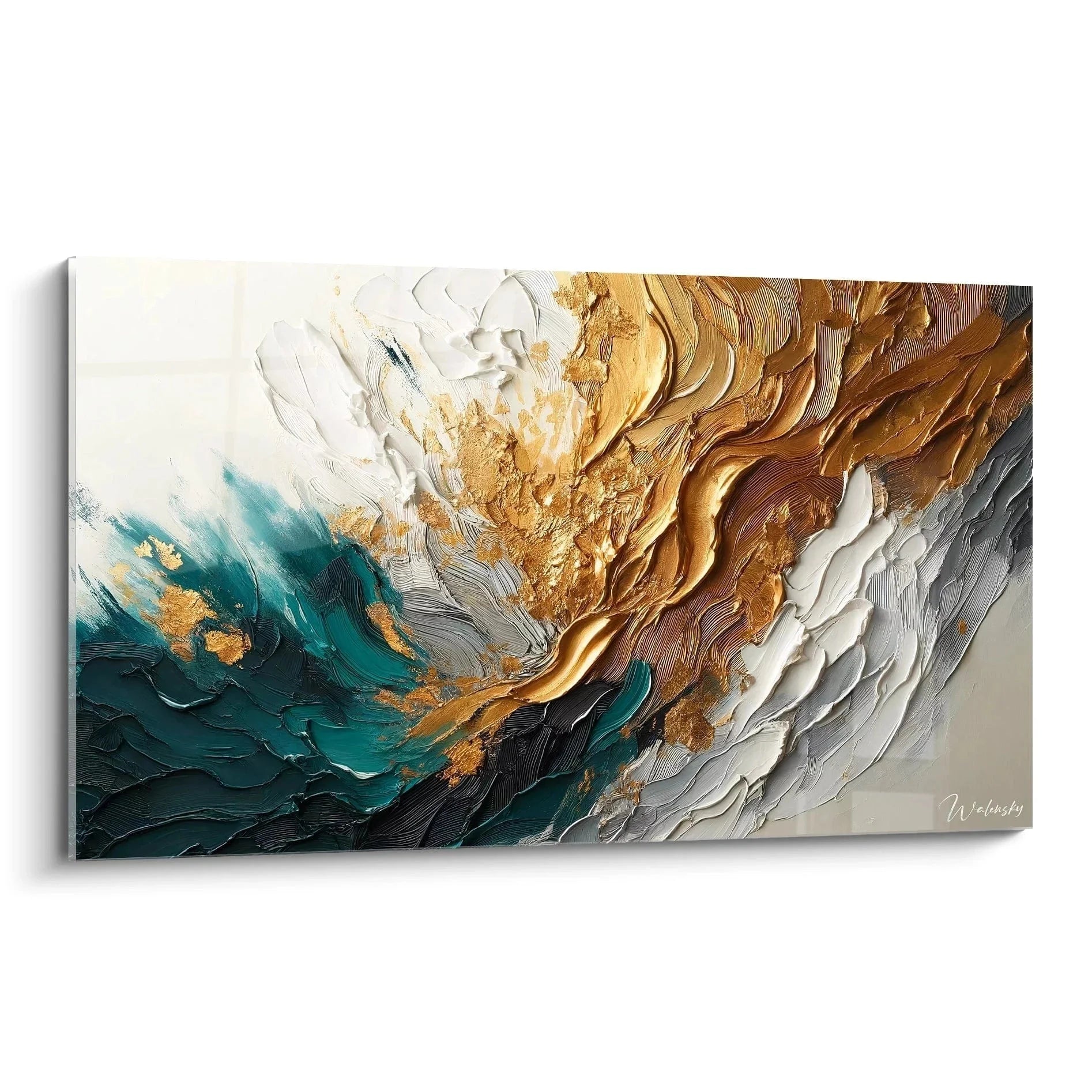 Wandbild abstrakte Welle in Gold Türkis Weiß, moderne Malerei-Optik mit Texturen