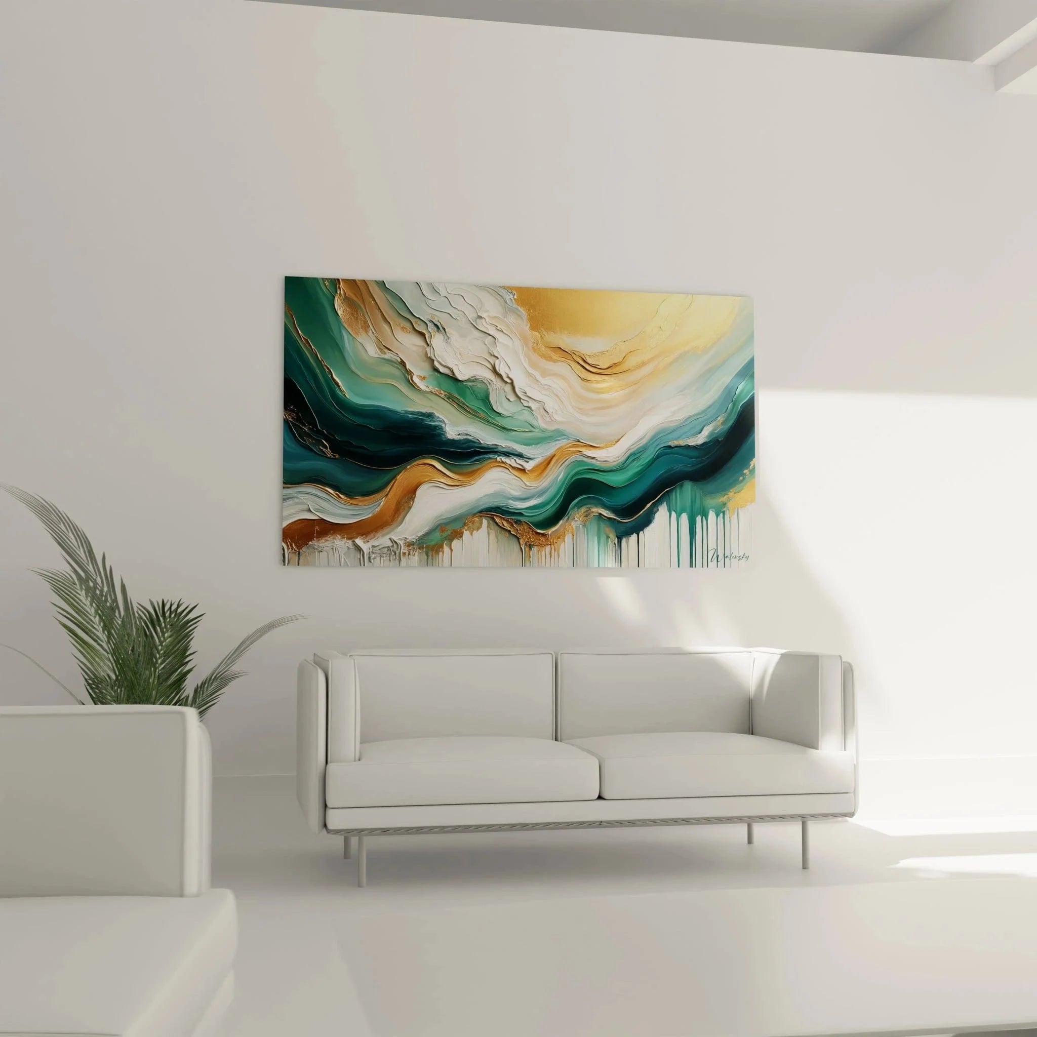 Detailansicht Wandbild goldene Wellen abstrakt Acryl-Optik Farbverläufe Strukturen