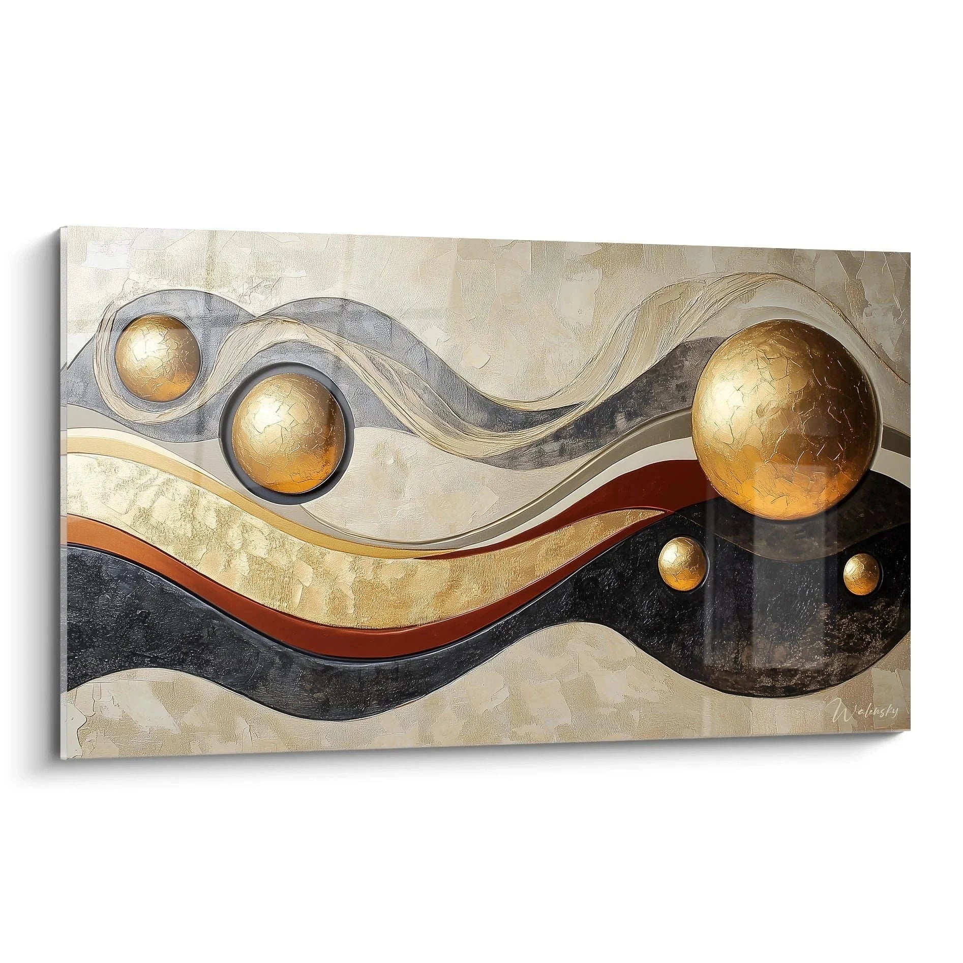 Wandbild abstrakte Wellen mit goldenen Sphären im Afrika-Style - moderne Wanddekoration