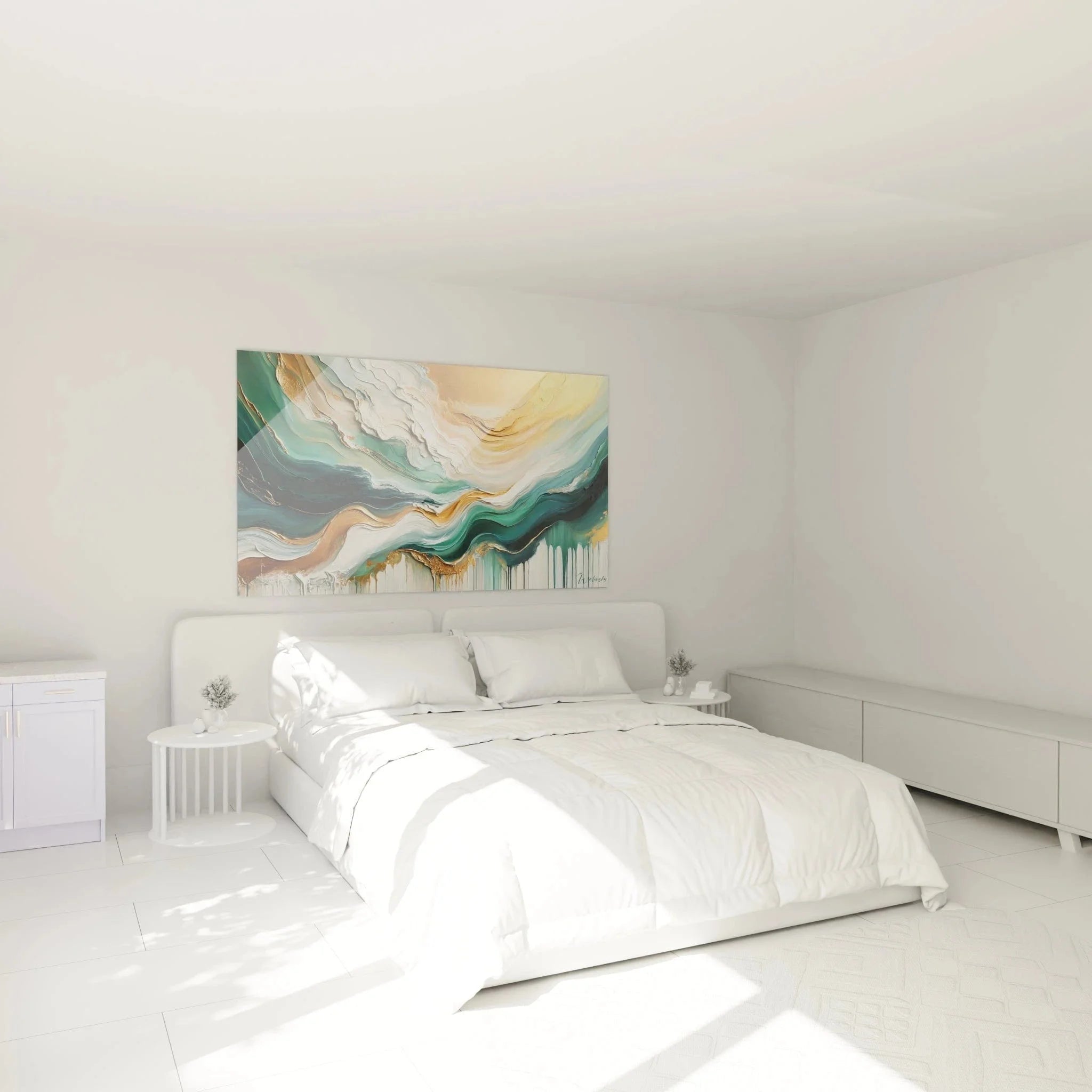 Wandbild abstrakte Wellen Gold Türkis im Schlafzimmer Acryl-Optik elegante Raumatmosphäre