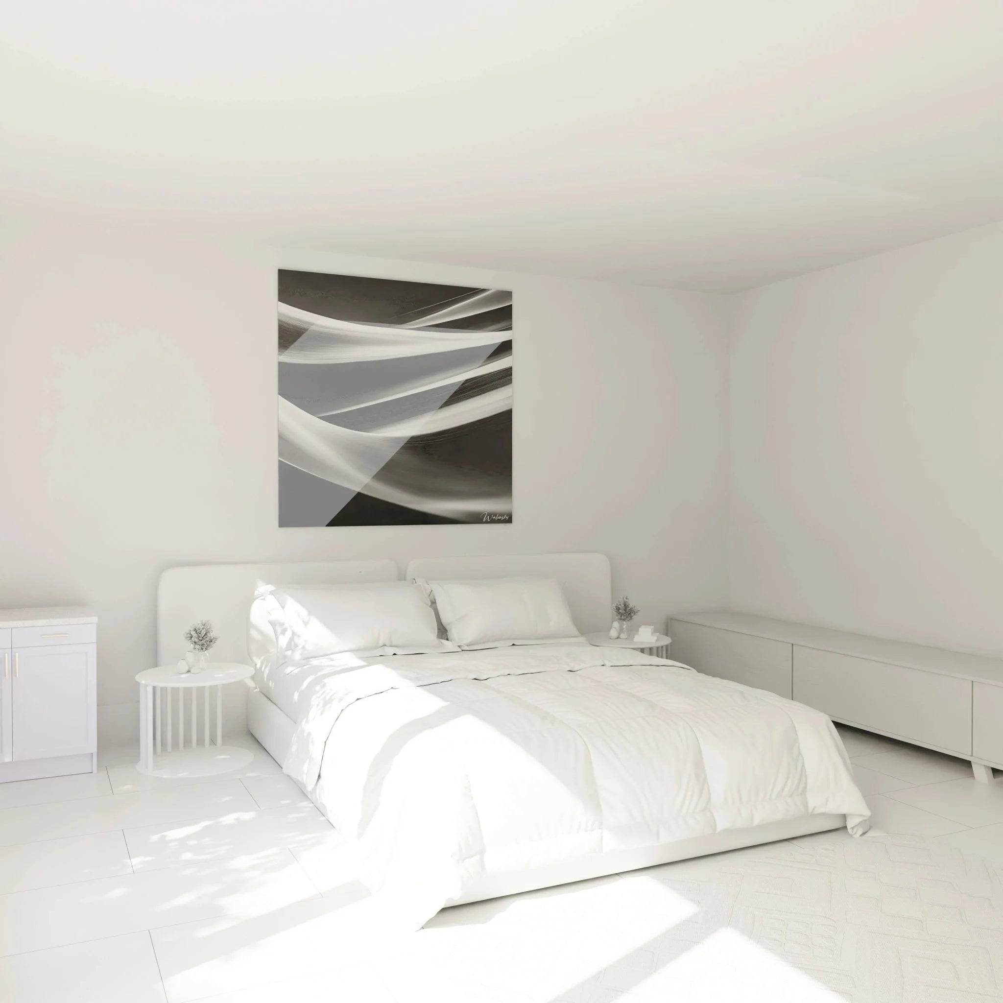 Modernes Wandbild abstrakte Wellen im Schlafzimmer Ambiente minimalistisch schwarz-weiß