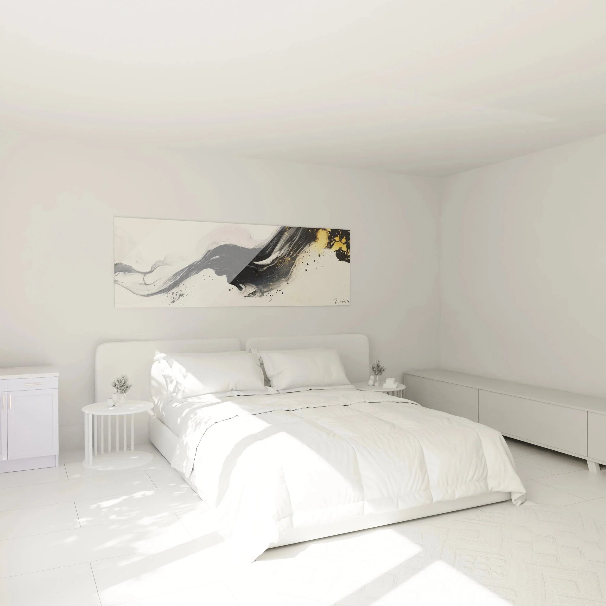 Elegantes Wandbild mit abstrakten Wellen über dem Bett, moderne Schlafzimmer Wanddekoration in schwarz-weiß
