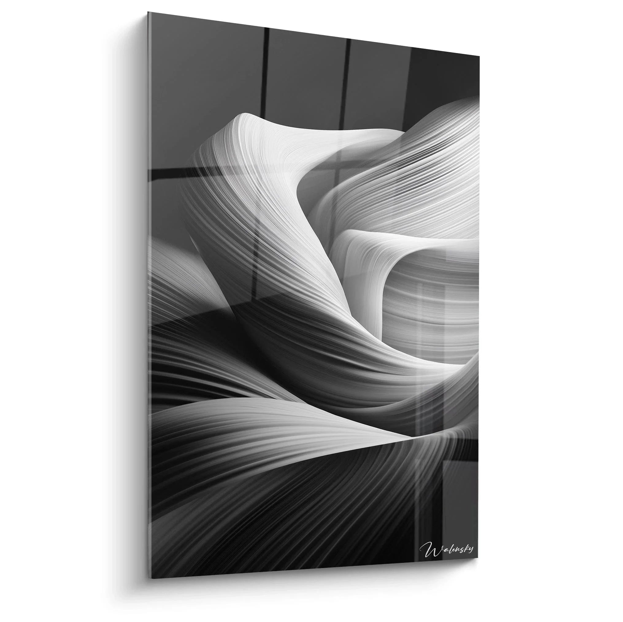 Elegantes Wandbild mit abstrakten Wellen in schwarz-weiß, fließende organische Formen mit subtiler Linienstruktur