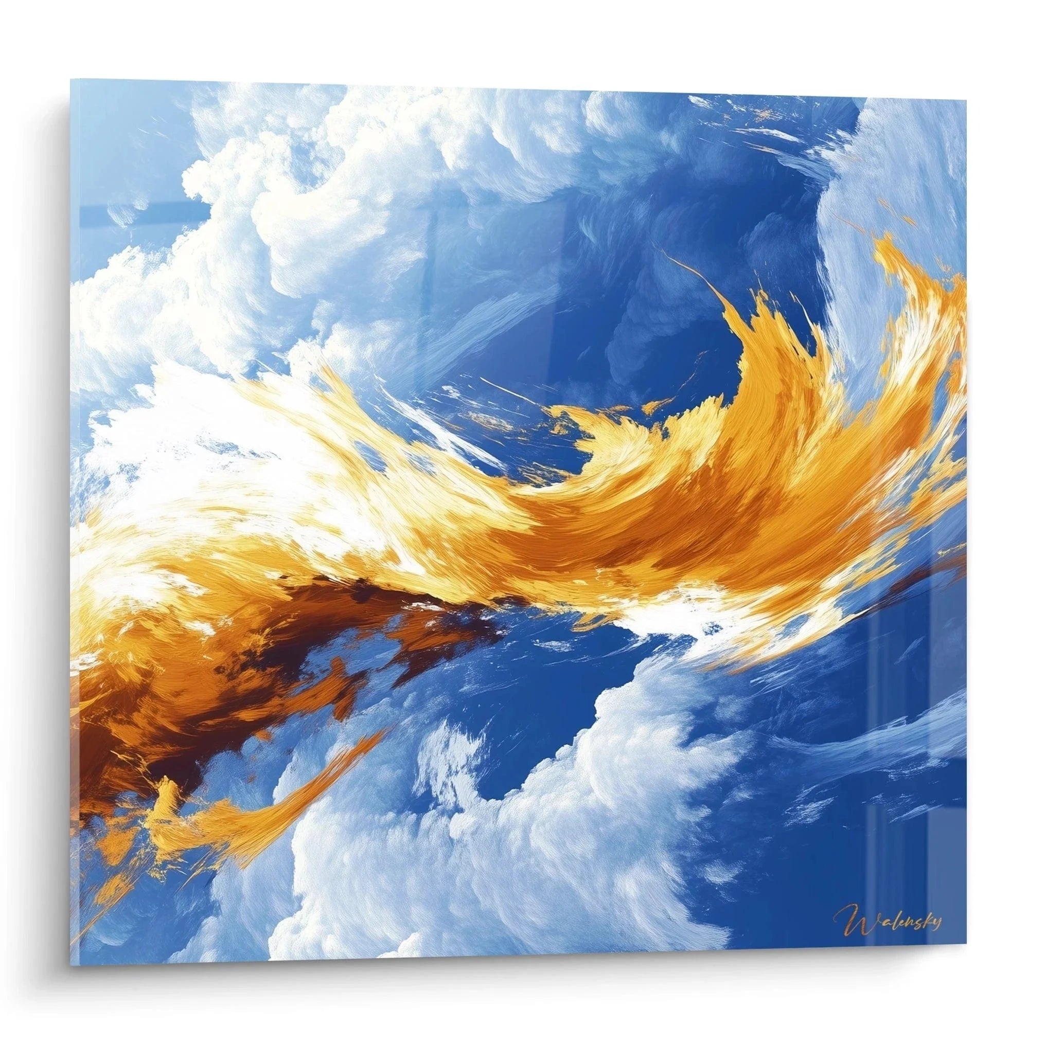 Abstraktes Wandbild mit dynamischen Wolkenformationen in Blau und Gold, minimalistische Kunst