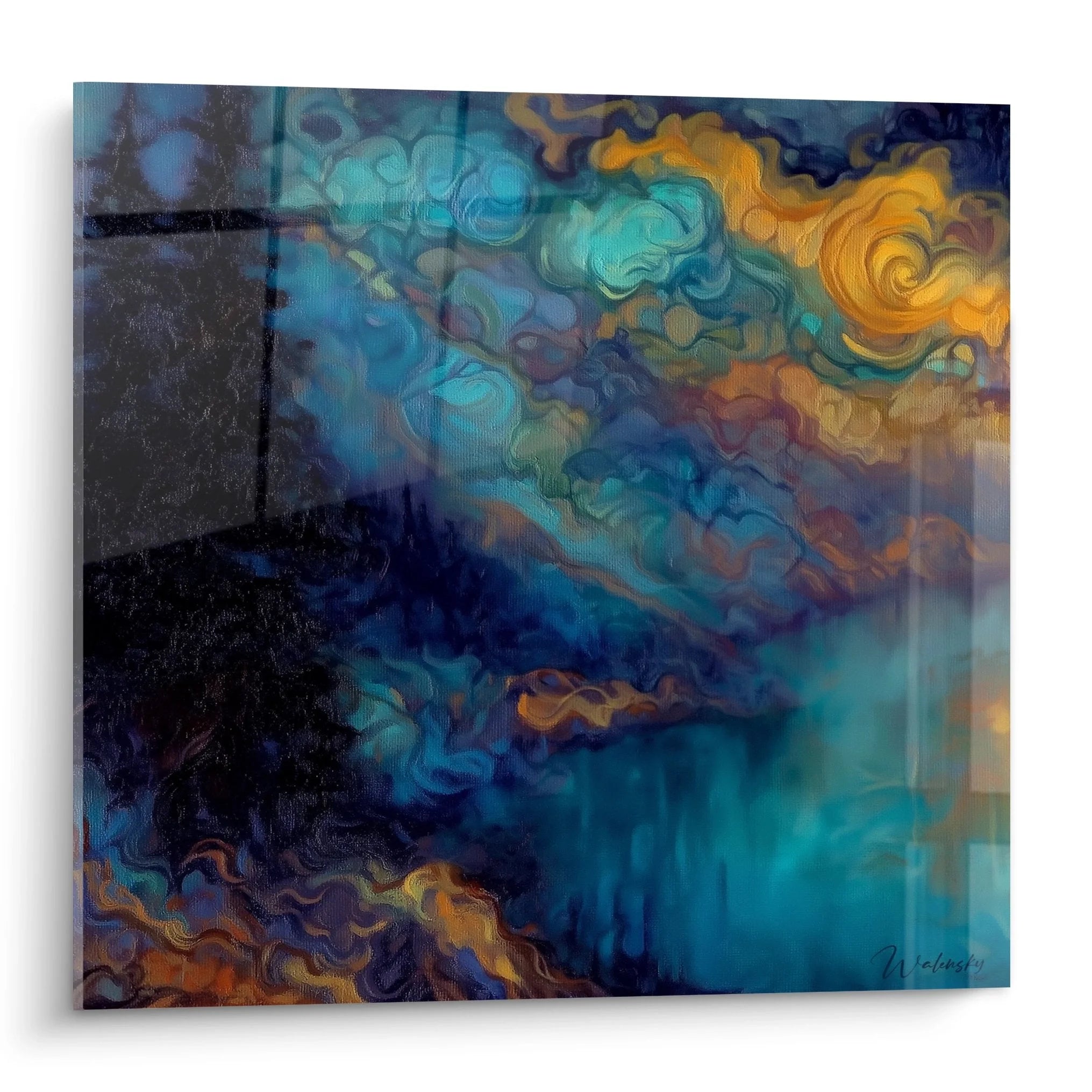 Wandbild abstrakte Wolkenformation mit türkisen und goldenen Farbtönen, moderne Wasserspiegelung Kunst