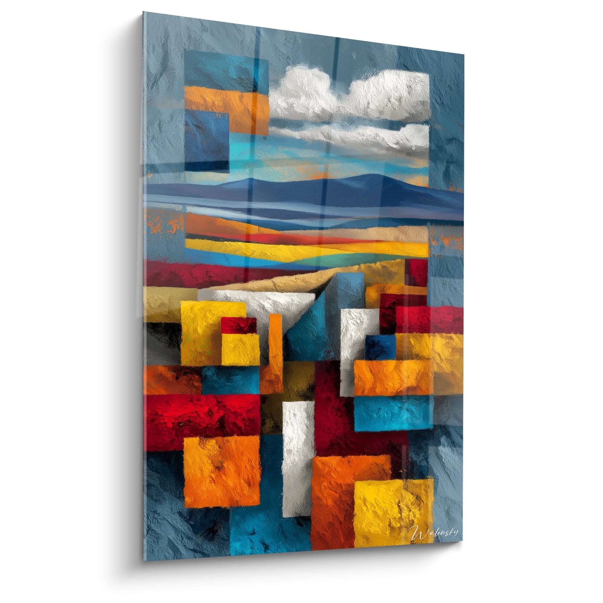 Abstraktes Wandbild Wüstenkomposition mit geometrischen Formen in warmen Erdtönen und blauen Akzenten - Edition Wüste