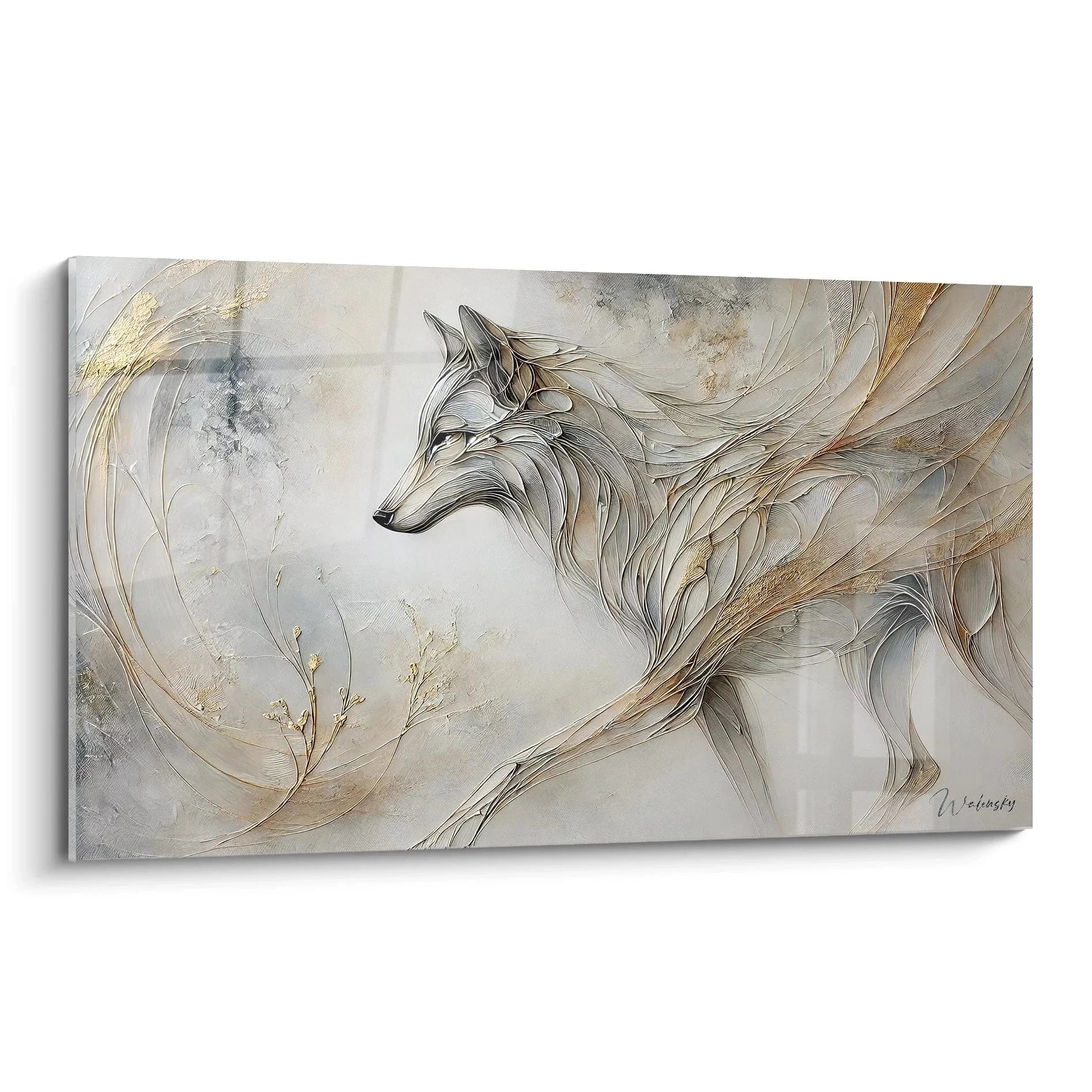 Wandbild Abstrakter Wolf mit eleganten Linien in Grau- und Beigetönen auf Leinwand