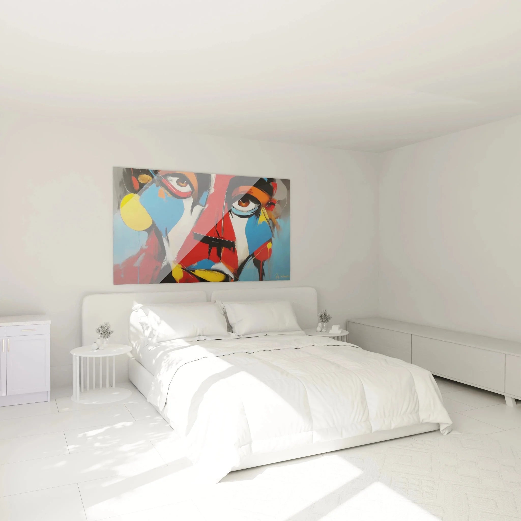 Modernes Wandbild abstraktes Gesicht in Schlafzimmer Ambiente bunte afrikanische Wanddekoration