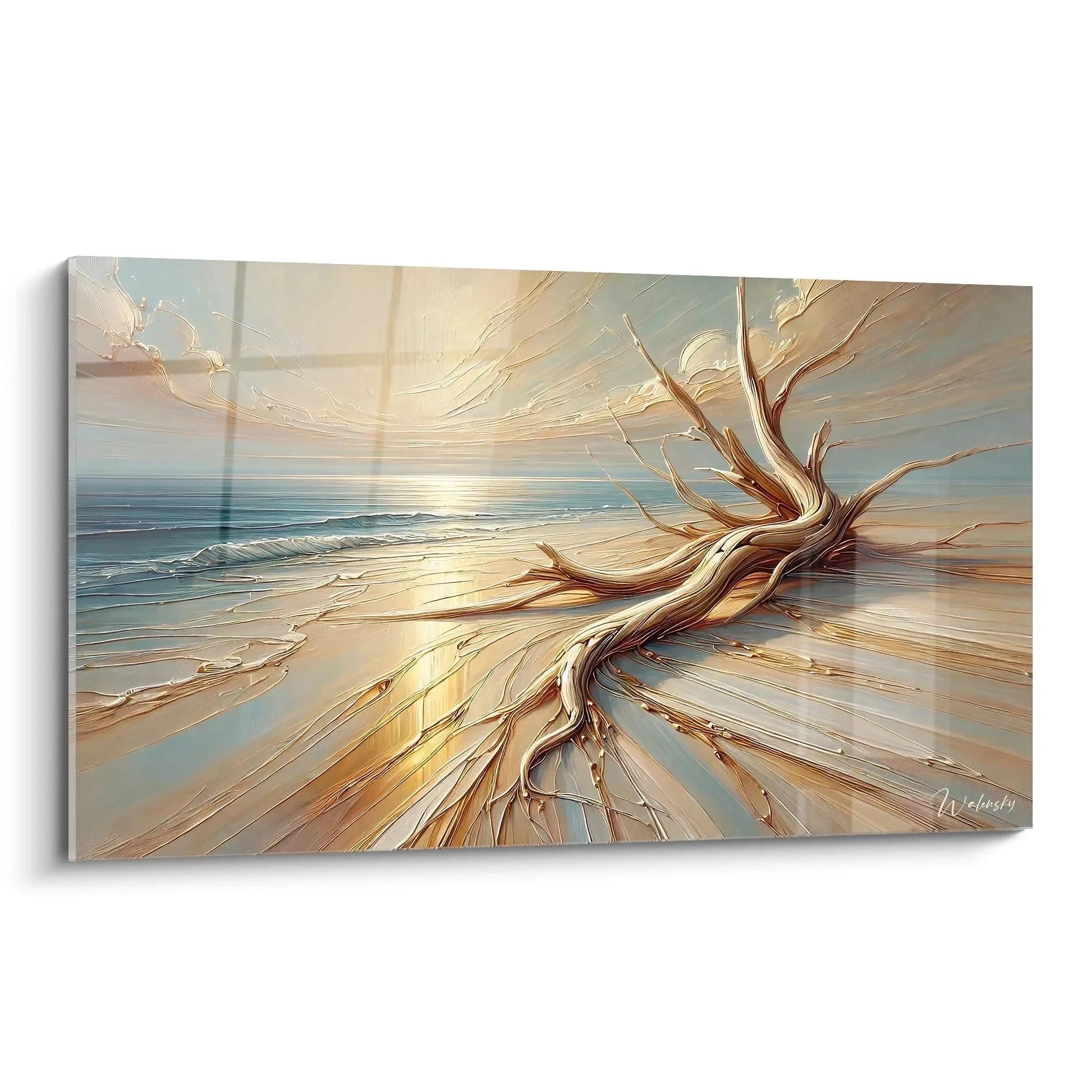 Wandbild abstraktes Meer mit goldenem Spiralwirbel und Wellen in warmen Tönen