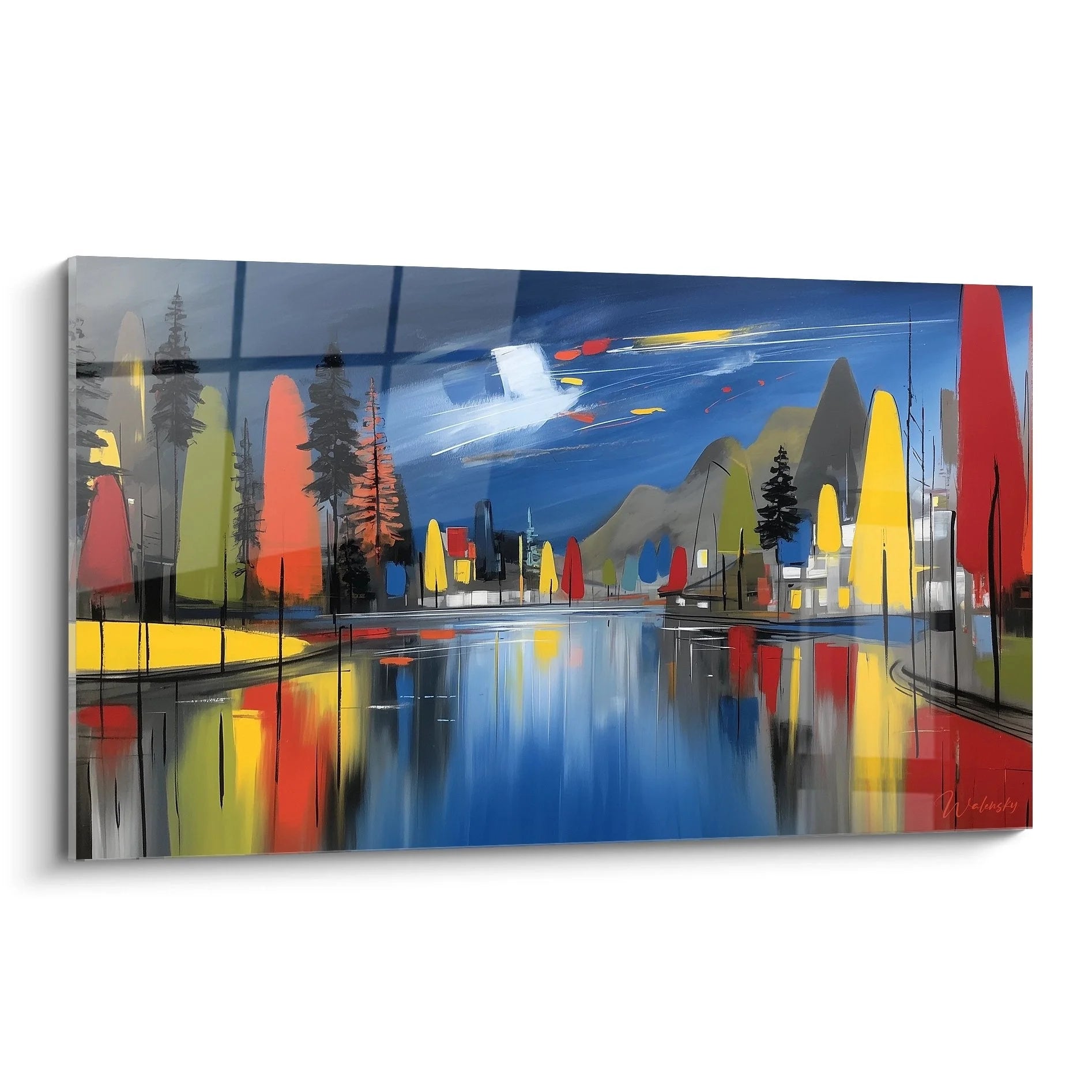 Abstraktes Wandbild mit bunten Seeufer Reflexionen in modernem expressionistischem Stil