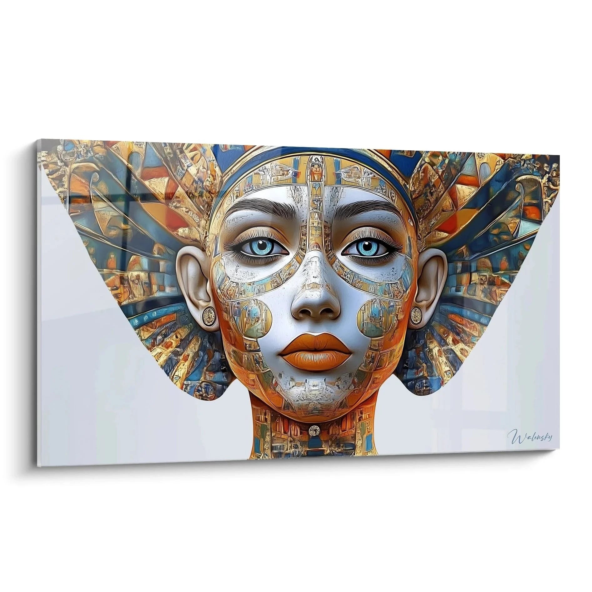 Wandbild ägyptische Göttin mit blauen Augen und Hieroglyphen Verzierungen in Gold und Blau