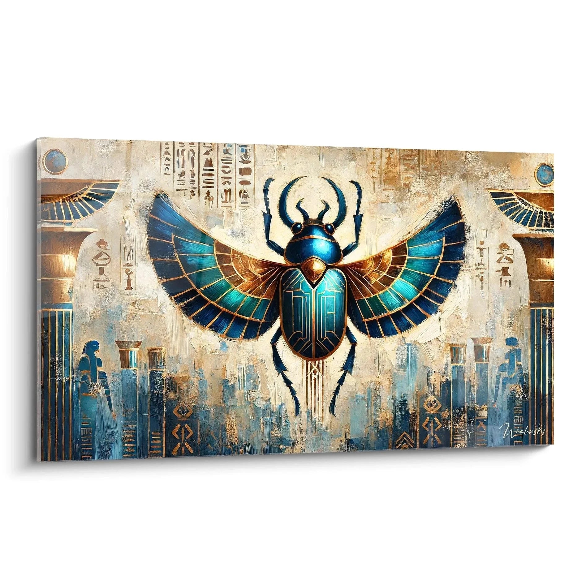 Wandbild ägyptischer Skarabäus mit blauen Flügeln und Hieroglyphen auf antikem Hintergrund