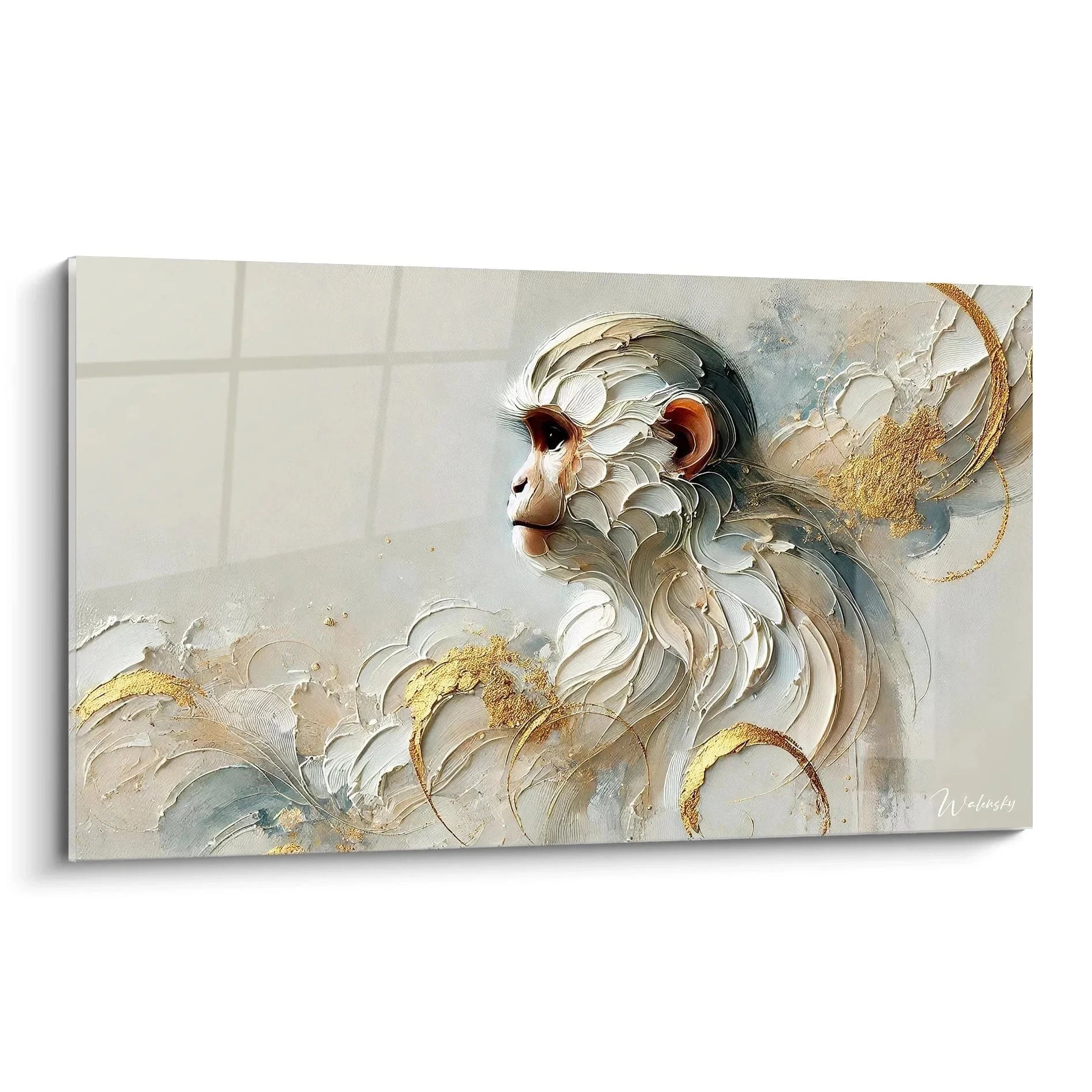 Wandbild Affe mit goldenen Akzenten in Pastelltönen, moderne Primaten Kunst für Wohnzimmer