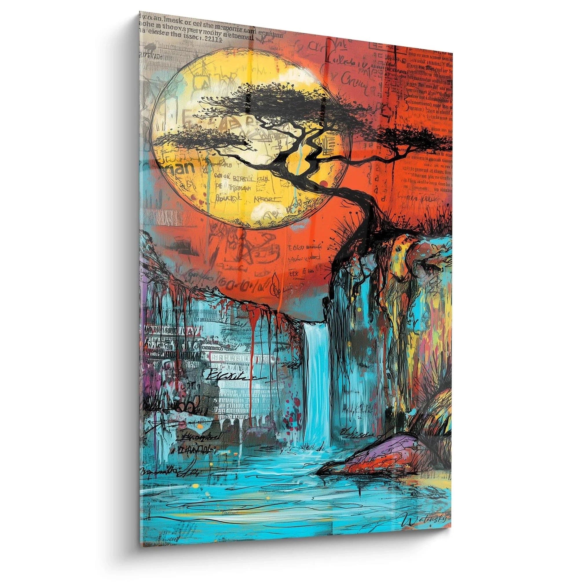 Wandbild afrikanischer Baum mit Wasserfall und Vollmond in warmen Erdtönen - Afrika Landschaft Kunstdruck