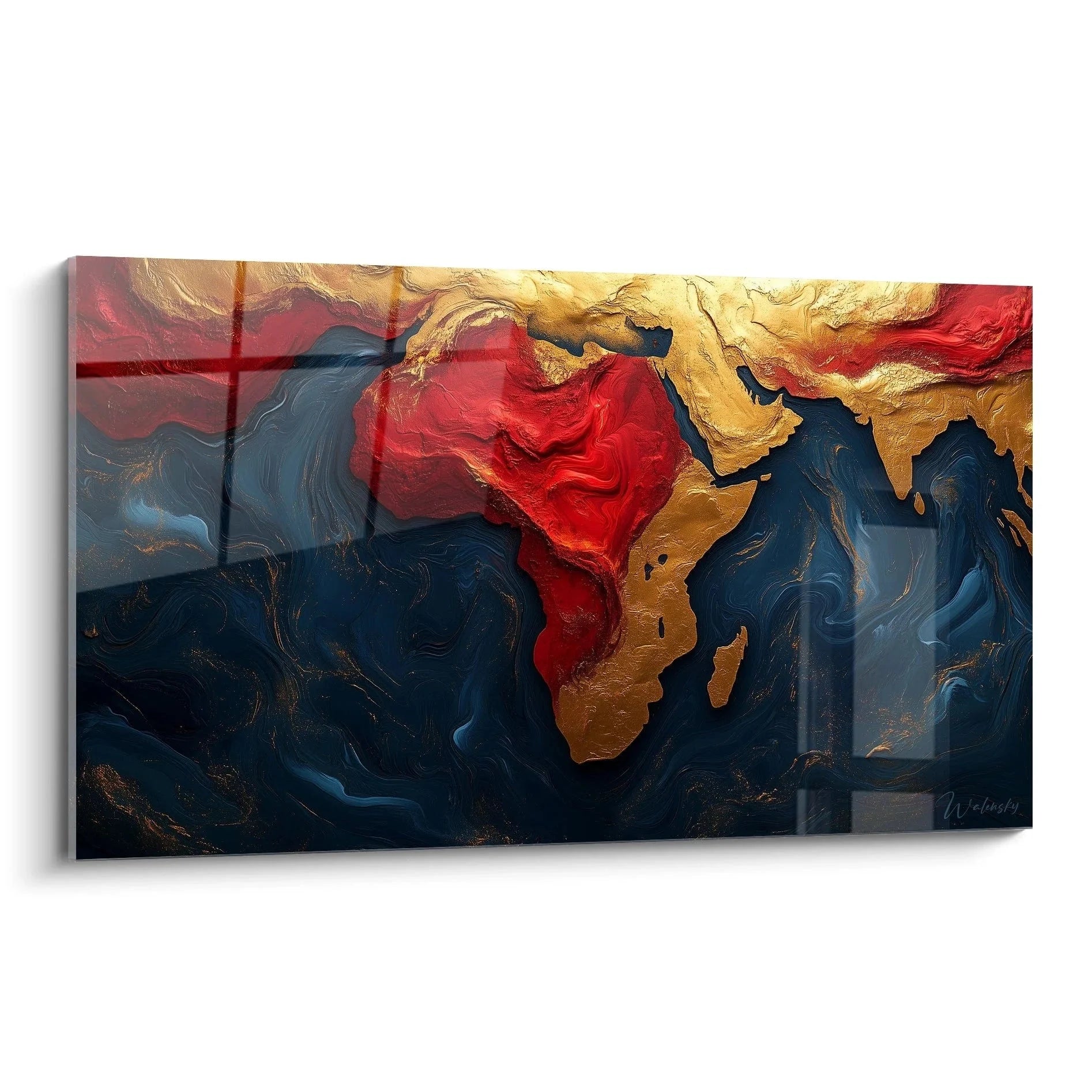 Abstraktes Wandbild Afrika Kontinent mit roten, goldenen und blauen Farbtönen in fließender Komposition