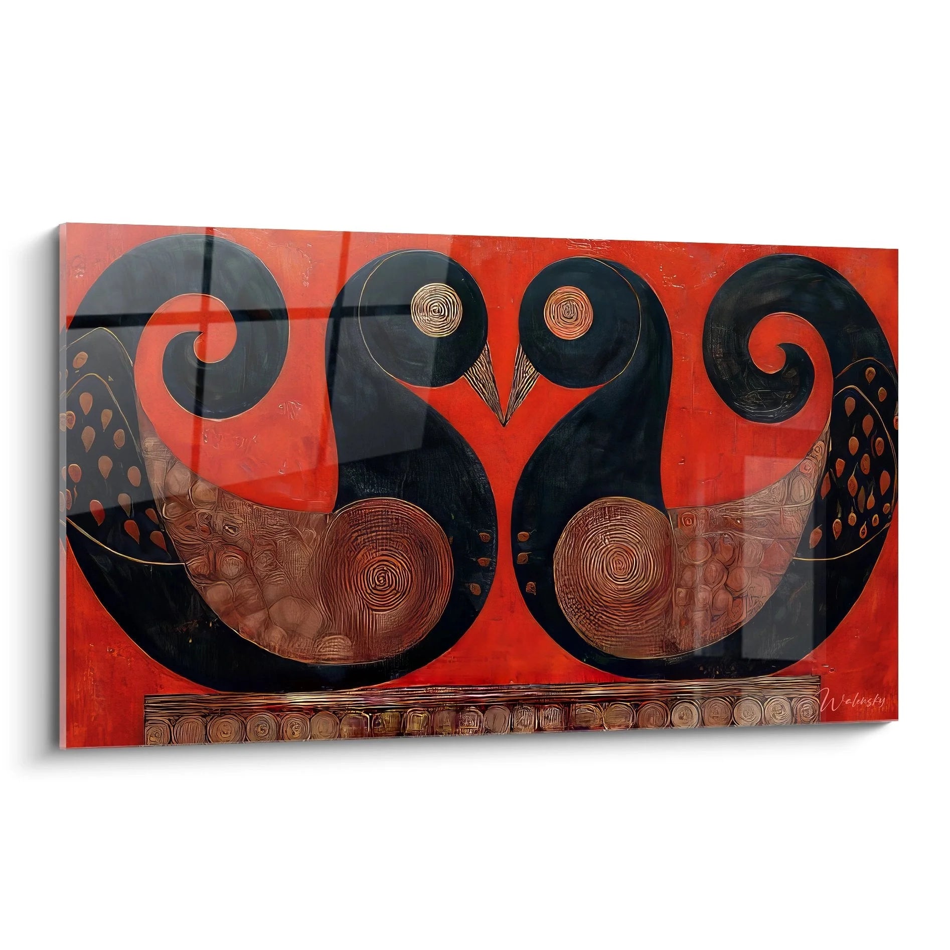 Wandbild mit zwei spirituellen afrikanischen Eulen in Rot und Schwarz mit traditionellen Mustern