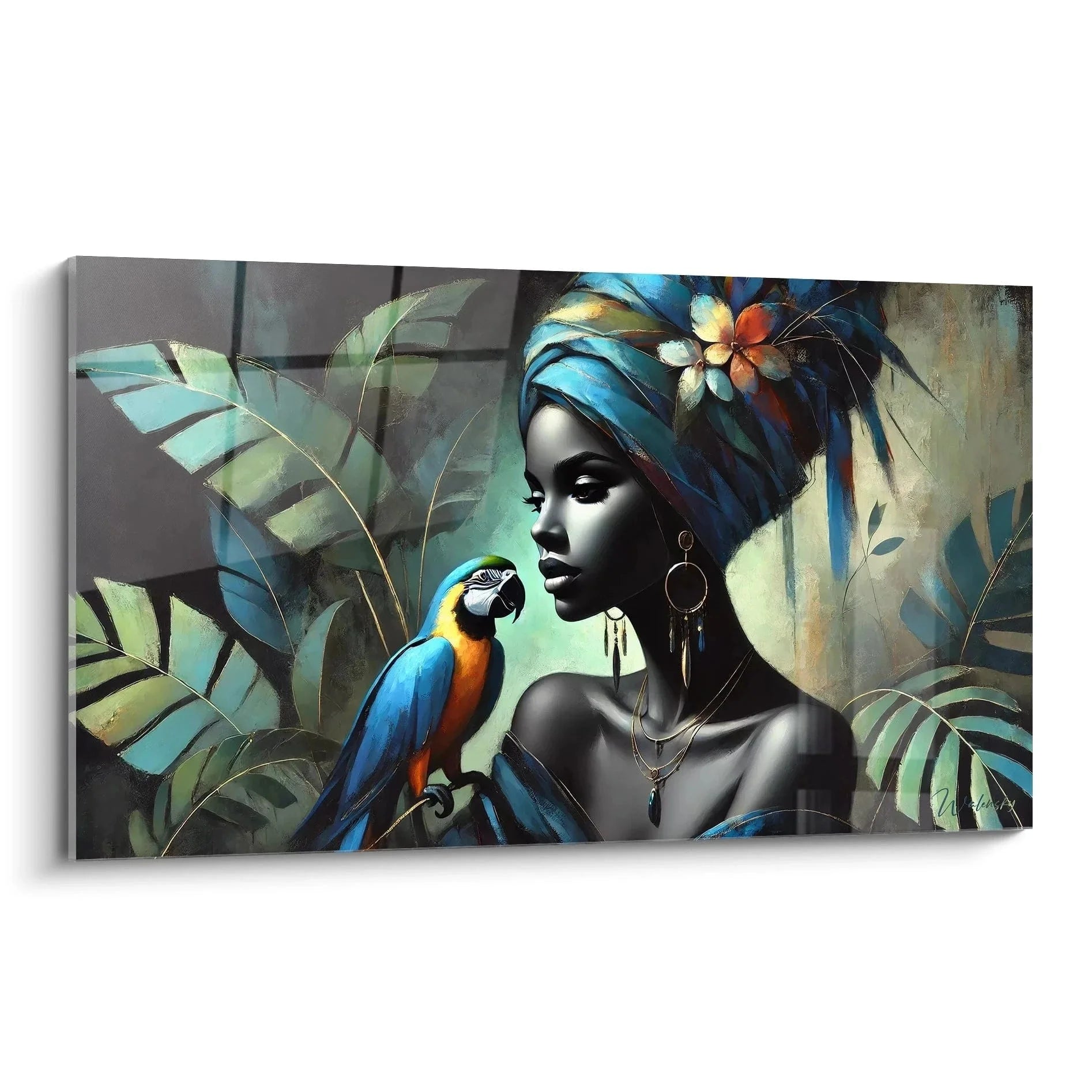 Wandbild afrikanische Frau mit blauem Ara Papagei und tropischen Palmblättern in modernem Kunststil