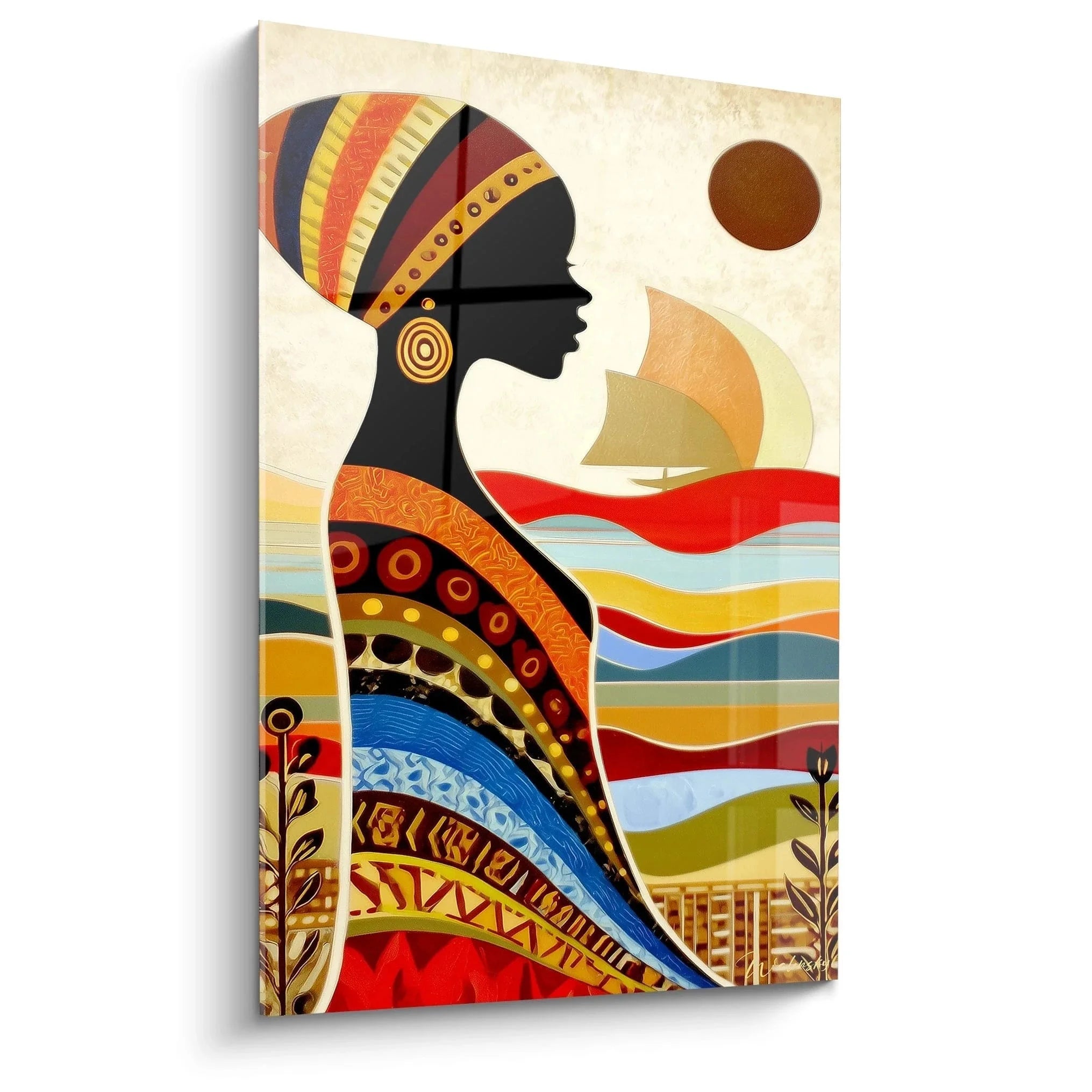 Wandbild afrikanische Frau mit buntem traditionellem Kopfschmuck und stilisierter Landschaft im Hintergrund