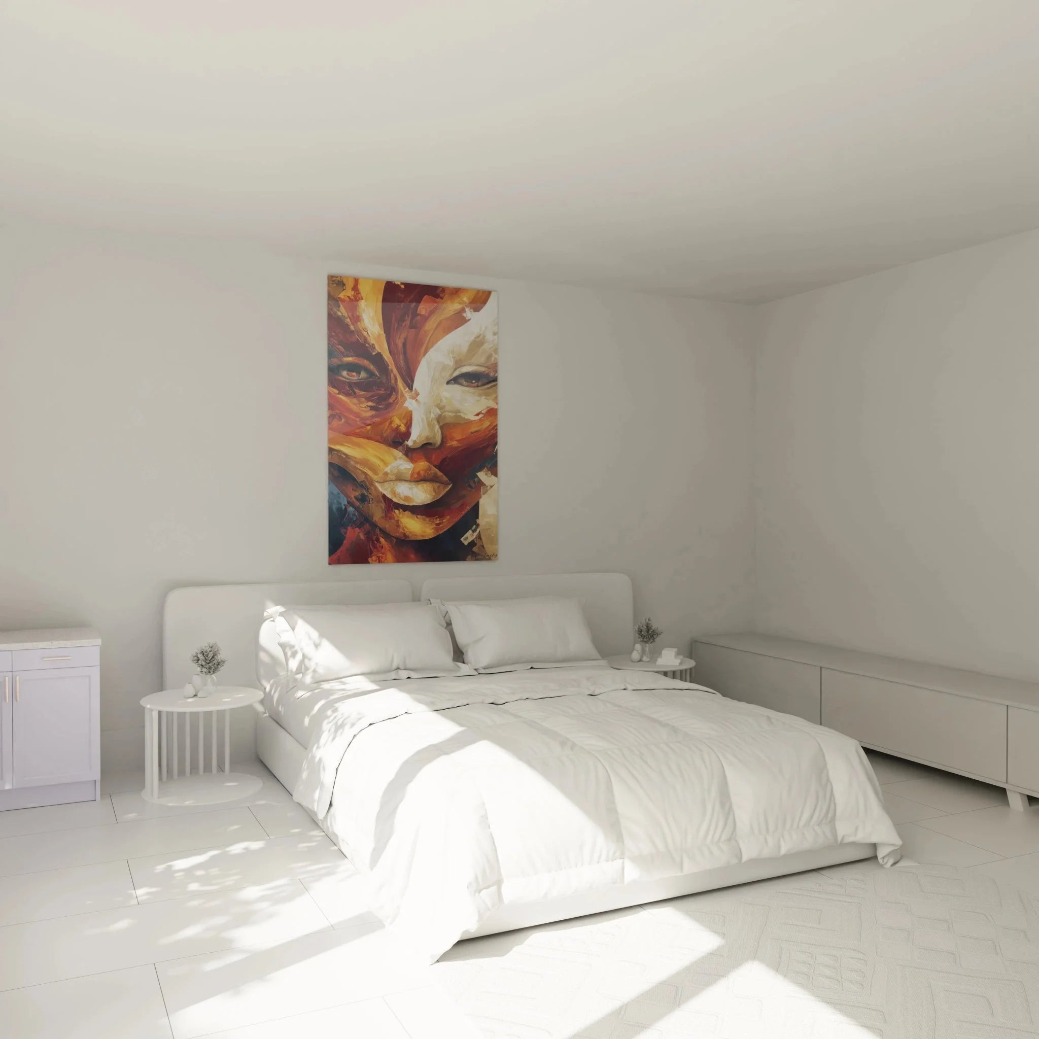 Wandbild abstrakte afrikanische Frau als stilvolle Schlafzimmer Wanddekoration mit warmer Farbpalette