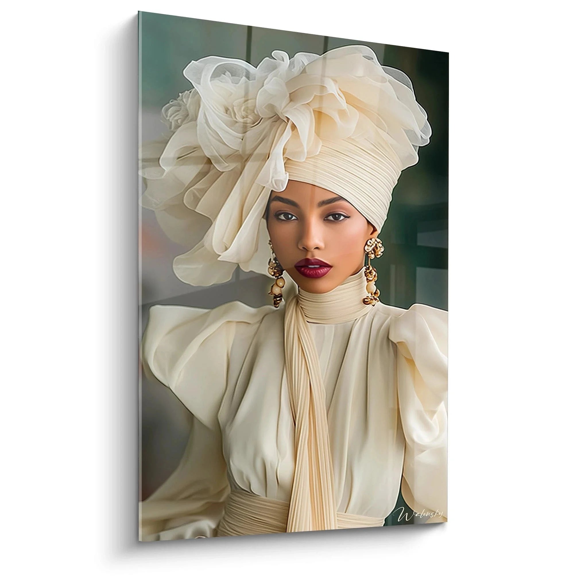 Wandbild elegante afrikanische Frau mit cremefarbenem Turban und goldenen Ohrringen