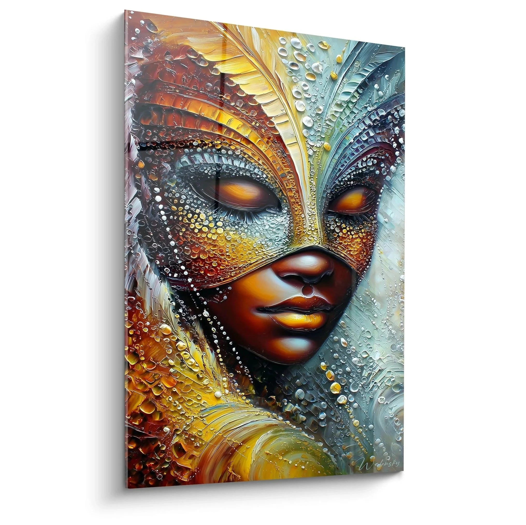 Wandbild afrikanische Göttin mit mystischer Maske in Gold und Blau Tönen - Edition Afrikanische Maske