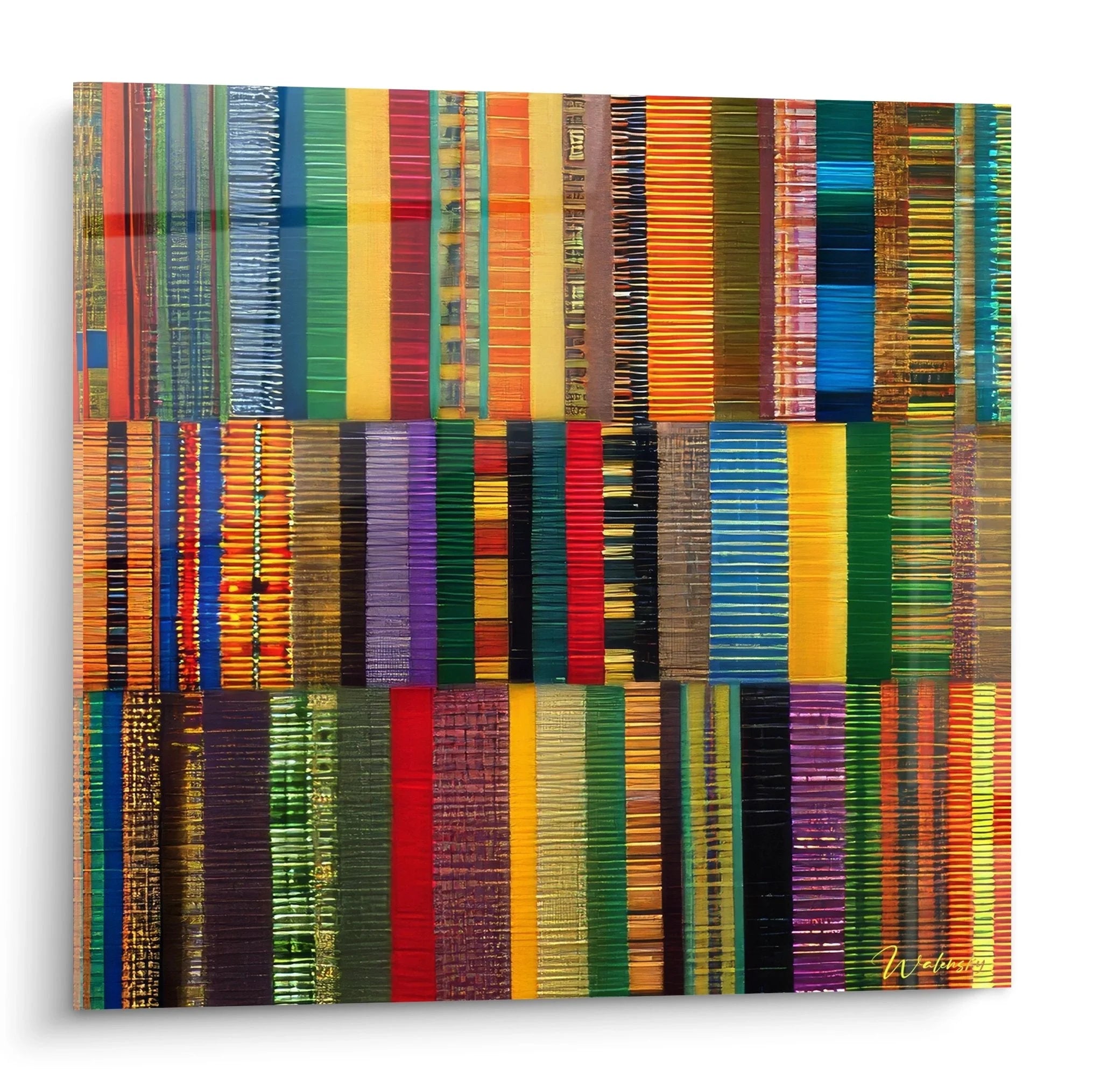 Wandbild mit bunten afrikanischen Kente-Textilstreifen in traditionellen Mustern und leuchtenden Farben