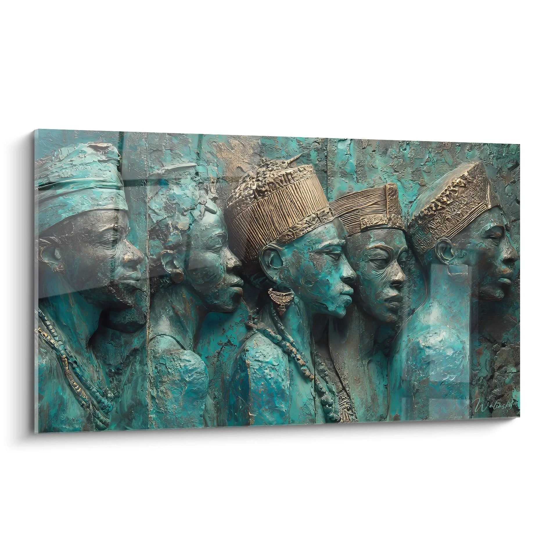 Wandbild mit fünf majestätischen afrikanischen Königsporträts in türkisen Tönen mit goldenen Kronen