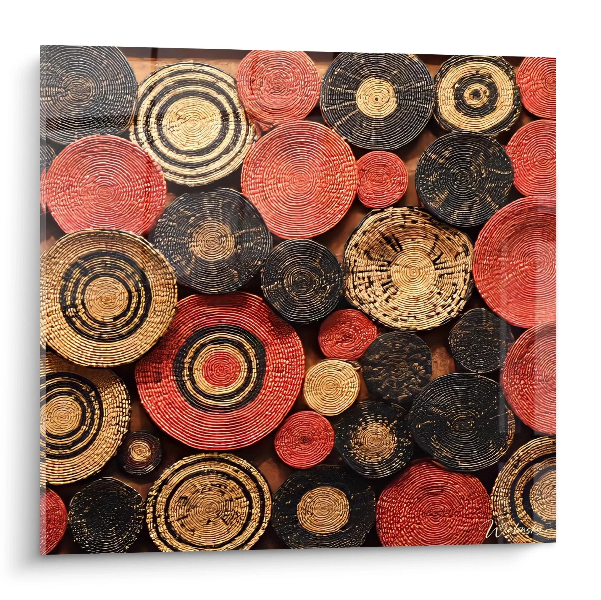 Wandbild mit traditionellen afrikanischen Körben in rot, schwarz und natur - Flechtkunst Wanddekoration