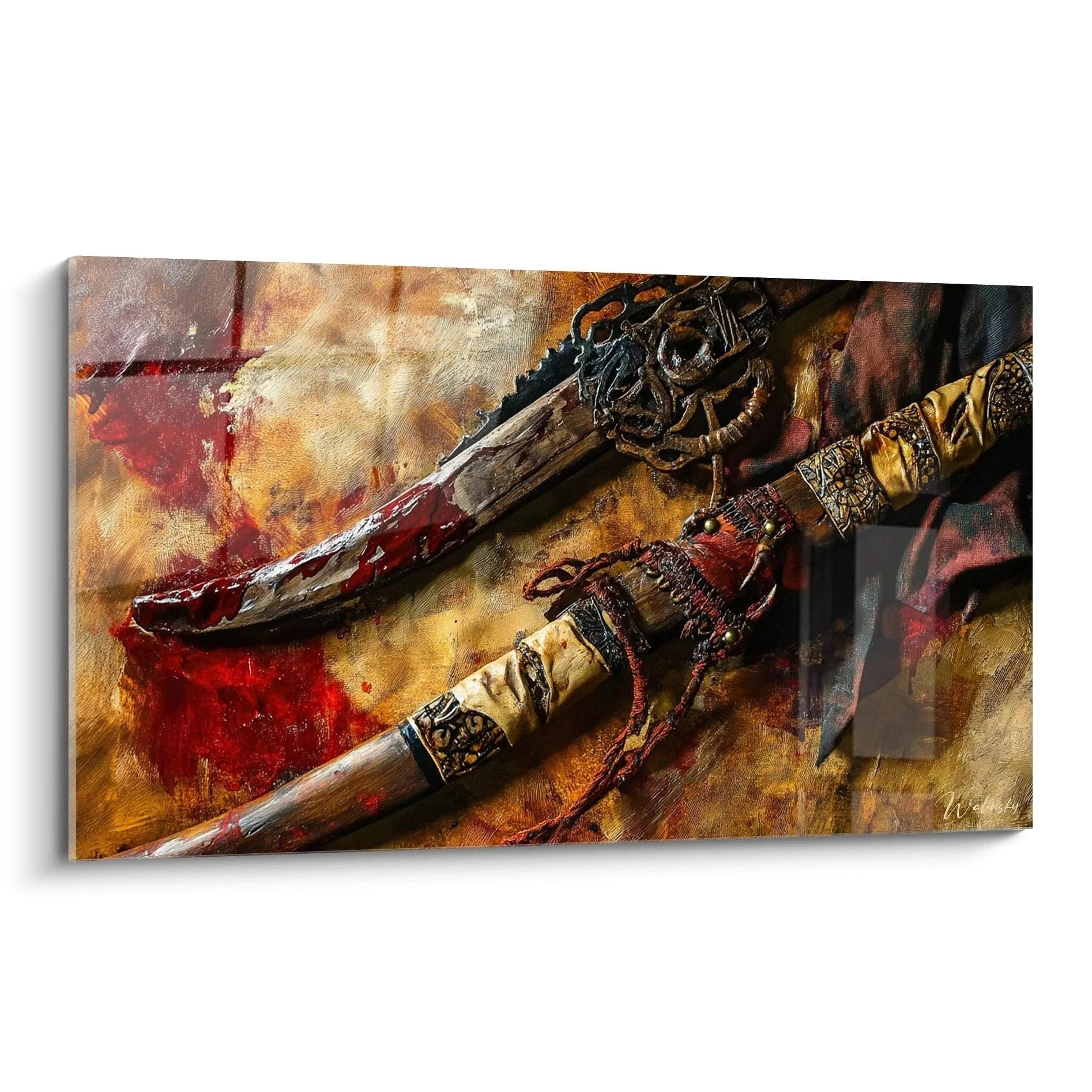 Wandbild afrikanische Kriegswaffen abstrakt mit Säbeln und Dolchen in warmen Erdtönen - Edition Abstraktes Afrika