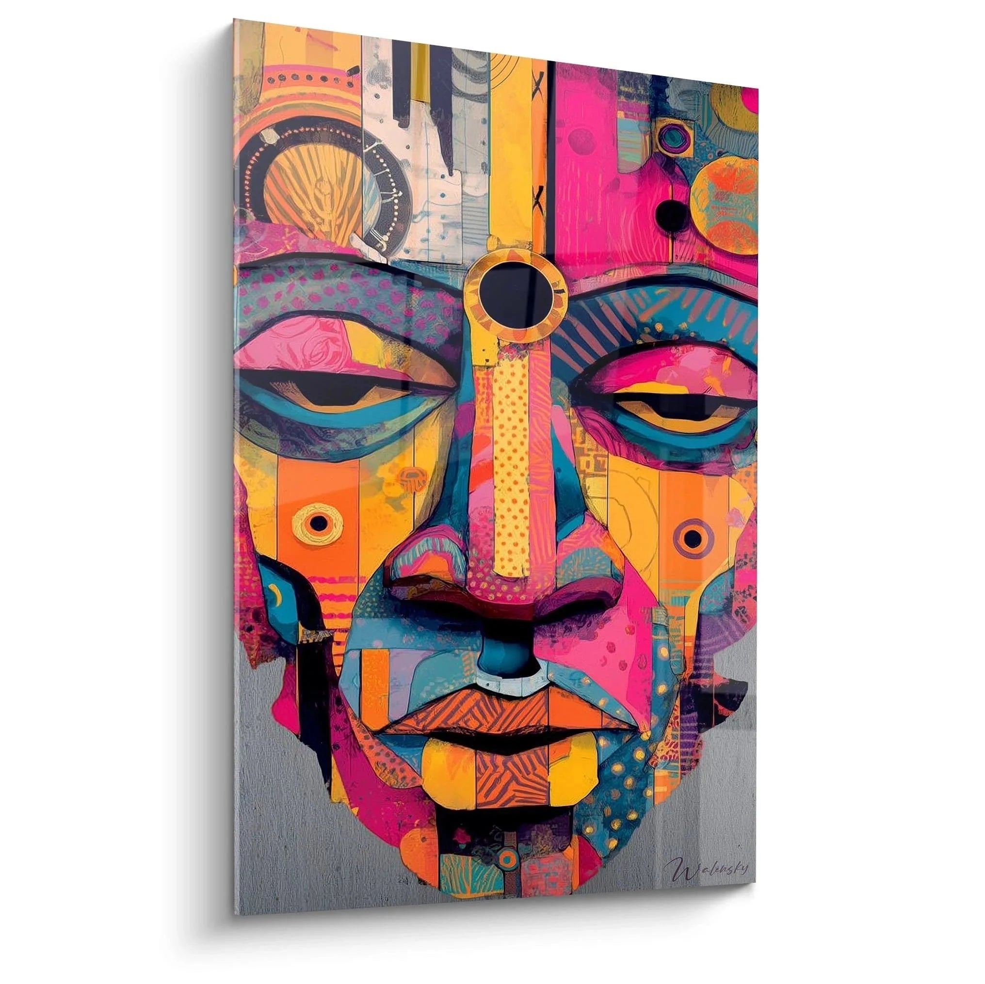 Wandbild Afrikanische Maske im Collage-Stil mit bunten geometrischen Formen und spirituellen Symbolen