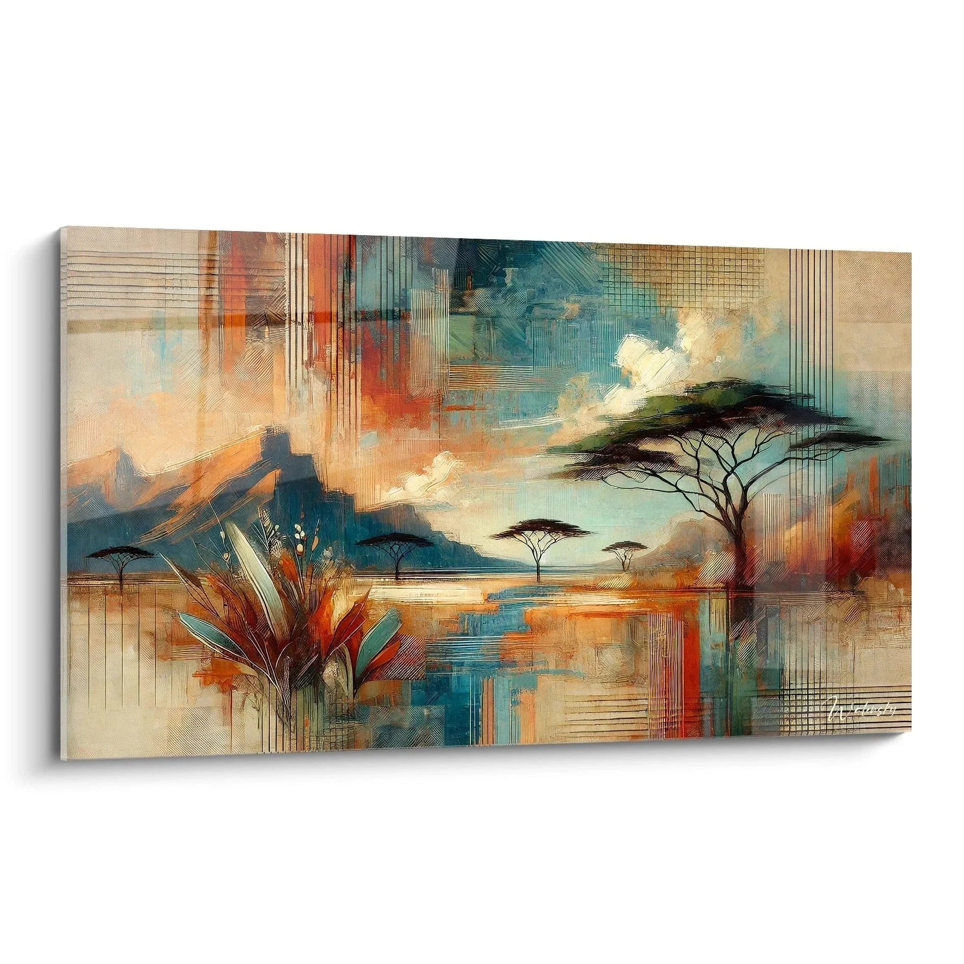 Wandbild afrikanische Savanne abstrakt mit Akazienbäumen und warmen Erdtönen - Edition Afrika