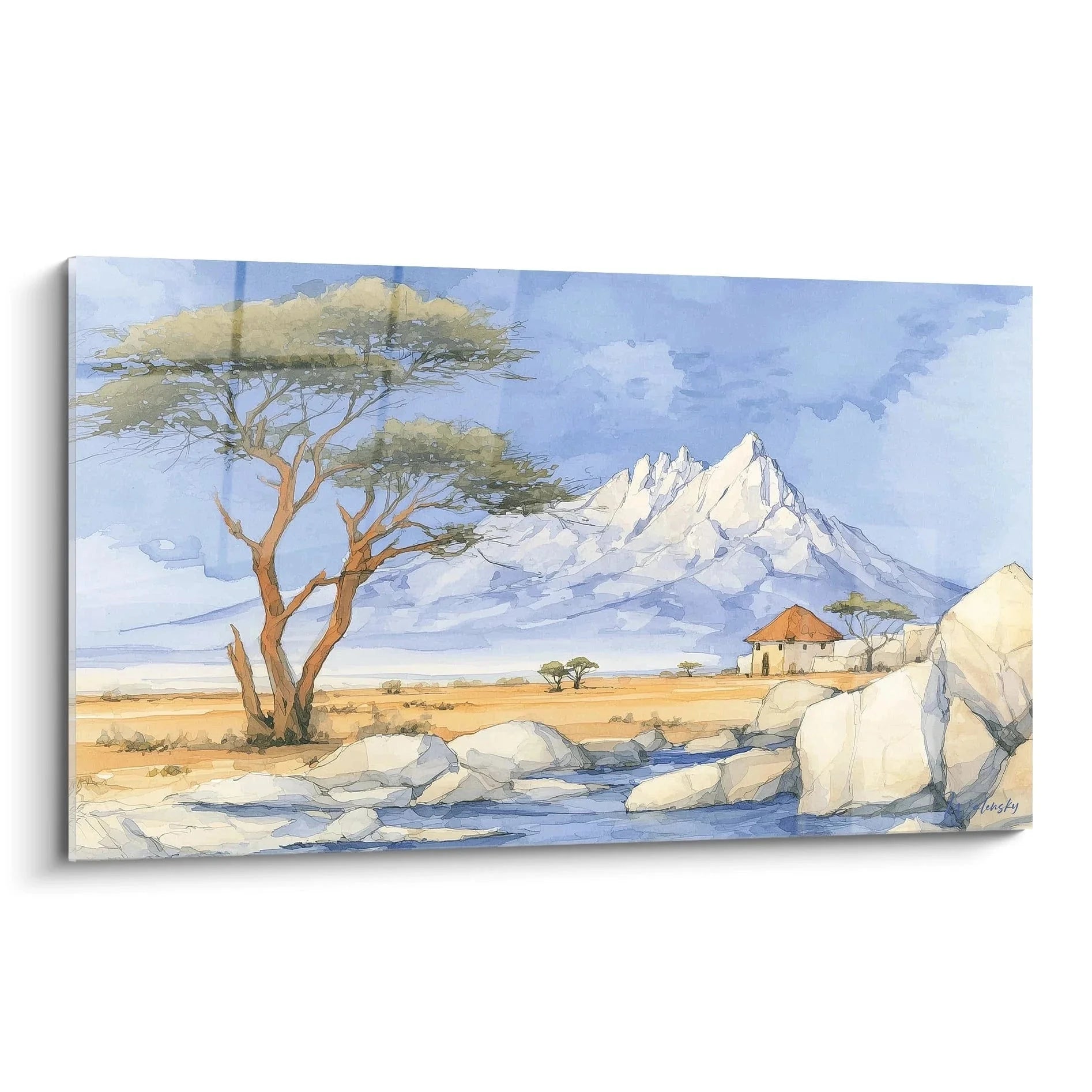 Wandbild Afrikanische Savanne mit Akazienbaum und Bergen - Premium Afrika Wandkunst