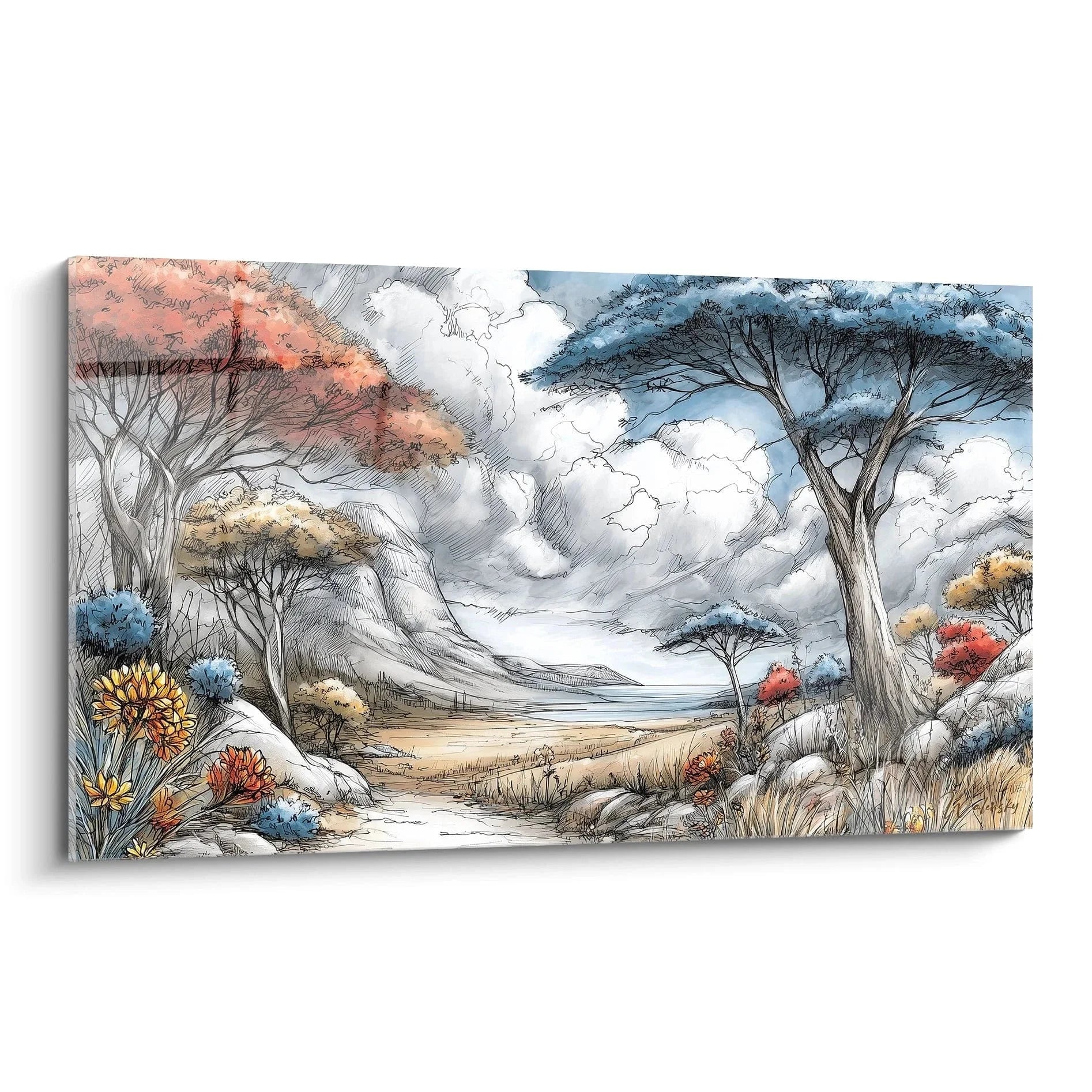 Wandbild afrikanische Savanne mit herbstlichen Baobab-Bäumen und dramatischem Himmel - Afrika Landschaft XXL