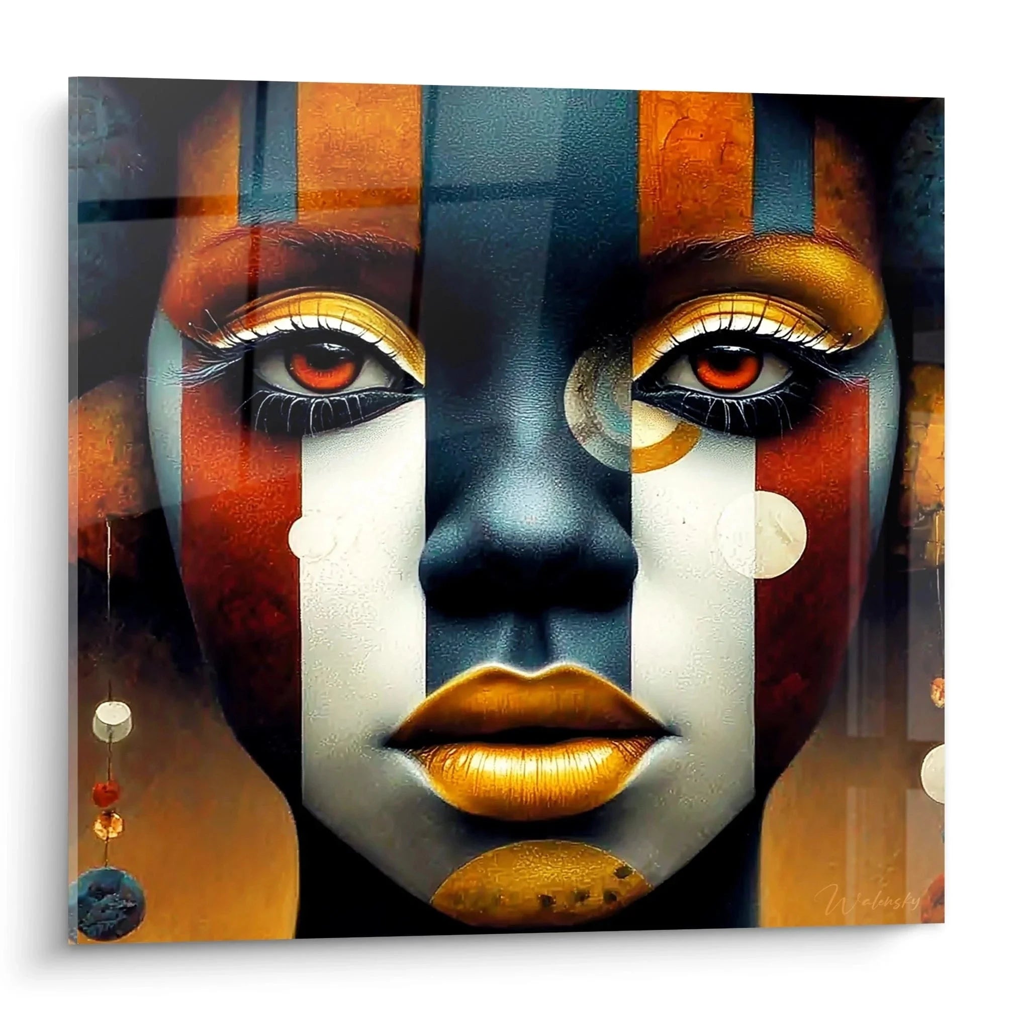 Wandbild afrikanische Stammesmaske mit goldenen Lippen und orangenen Augen in Tribal Art Stil
