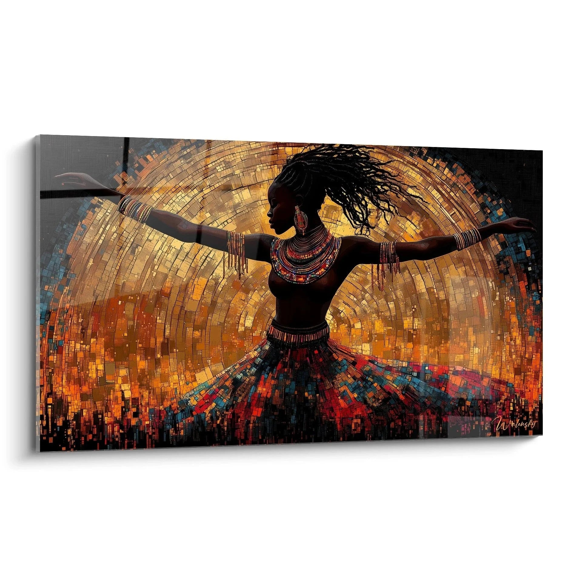 Wandbild Afrikanische Tänzerin in Gold mit traditionellem Schmuck und buntem Rock vor Mosaik Hintergrund