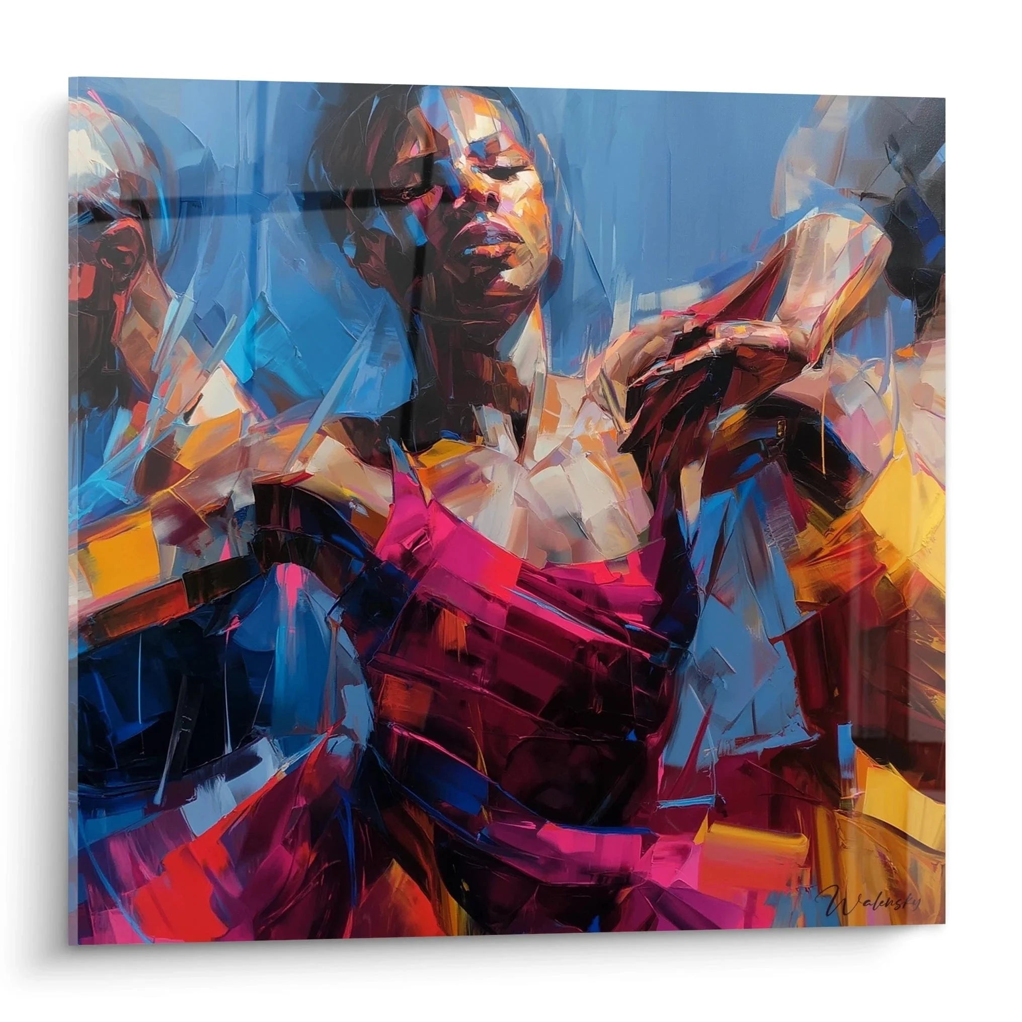 Wandbild afrikanische Tänzerin in abstraktem Stil mit blauen und roten Farbtönen, moderne Kunstdekoration