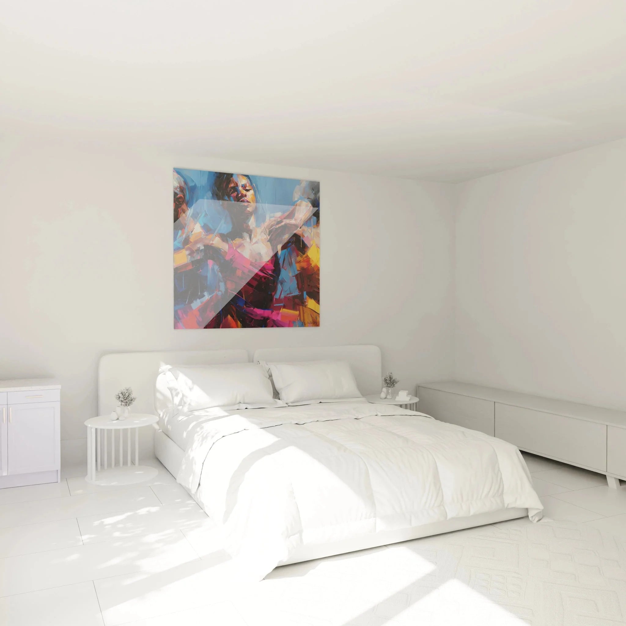 Wandbild afrikanische Tänzerin im Schlafzimmer, moderne Wanddekoration in lebendigen Farben
