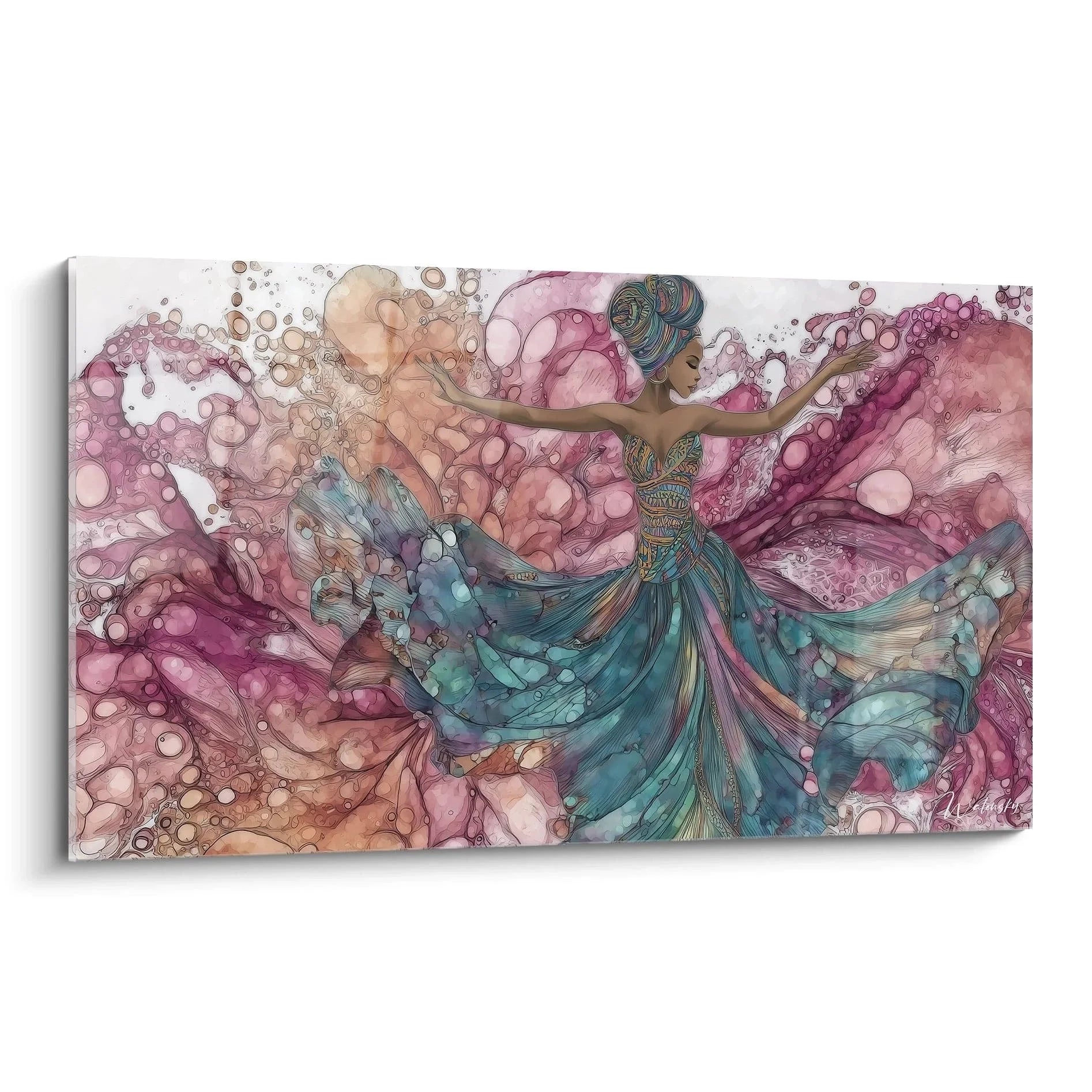Wandbild afrikanische Tänzerin in fließenden Wasserwellen mit rosa-türkisen Farbtönen