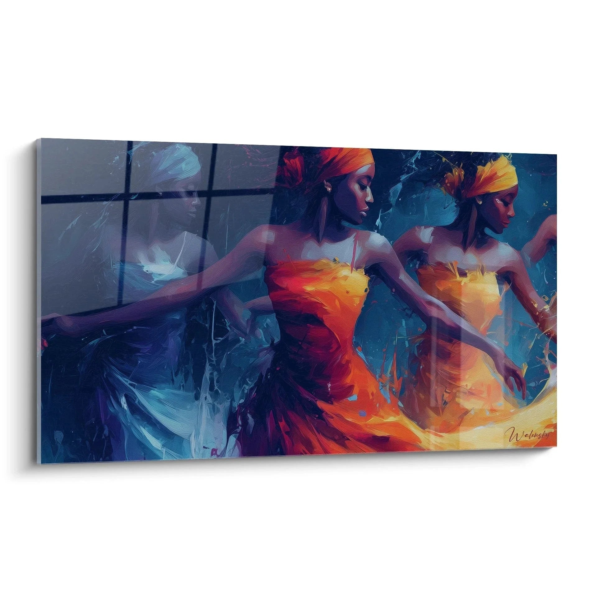 Wandbild afrikanische Tänzerinnen in lebendigen Farben, expressionistische Darstellung traditioneller Tanzkultur