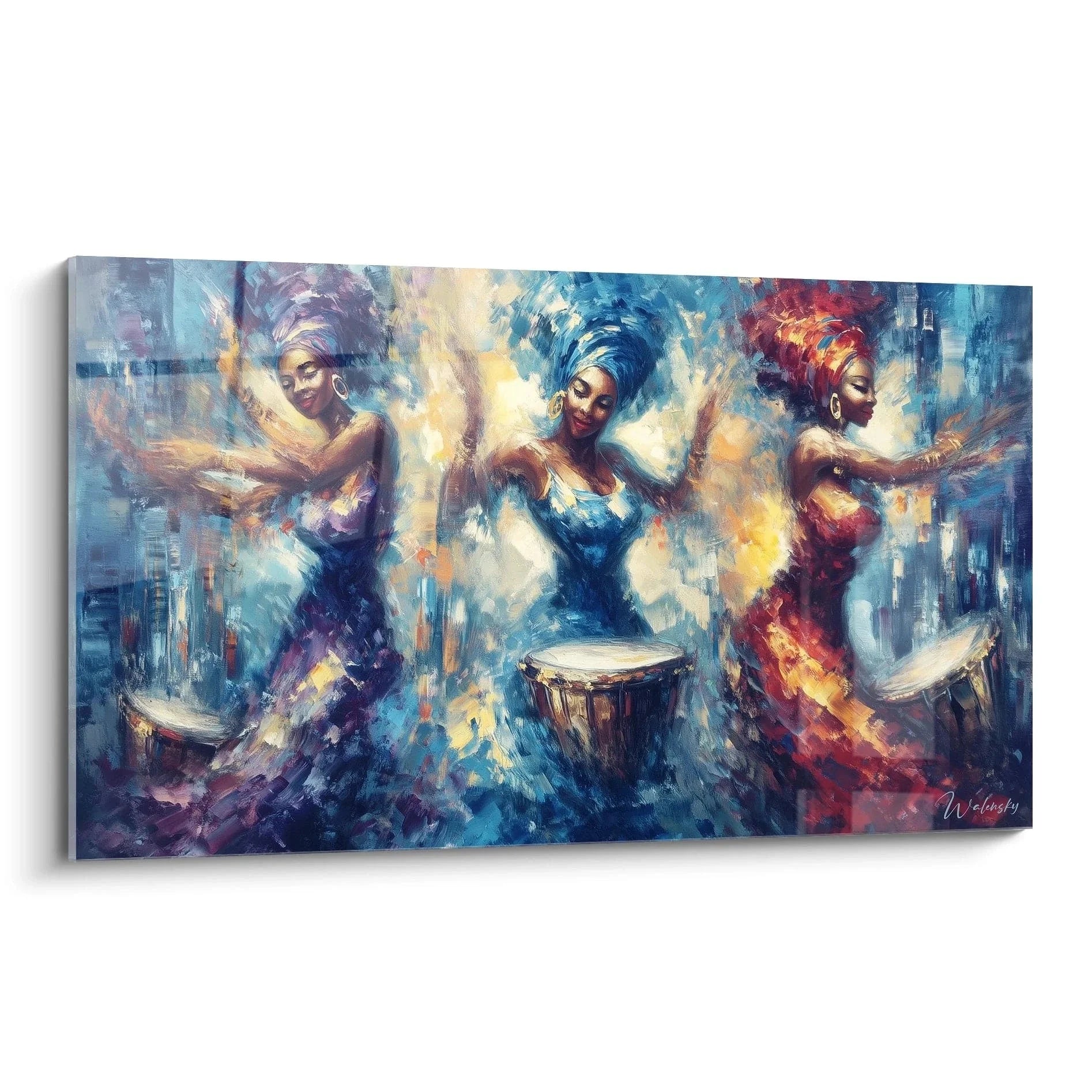 Wandbild afrikanische Tänzerinnen mit bunten Kopfschmuck und Trommeln in dynamischer Tanzbewegung