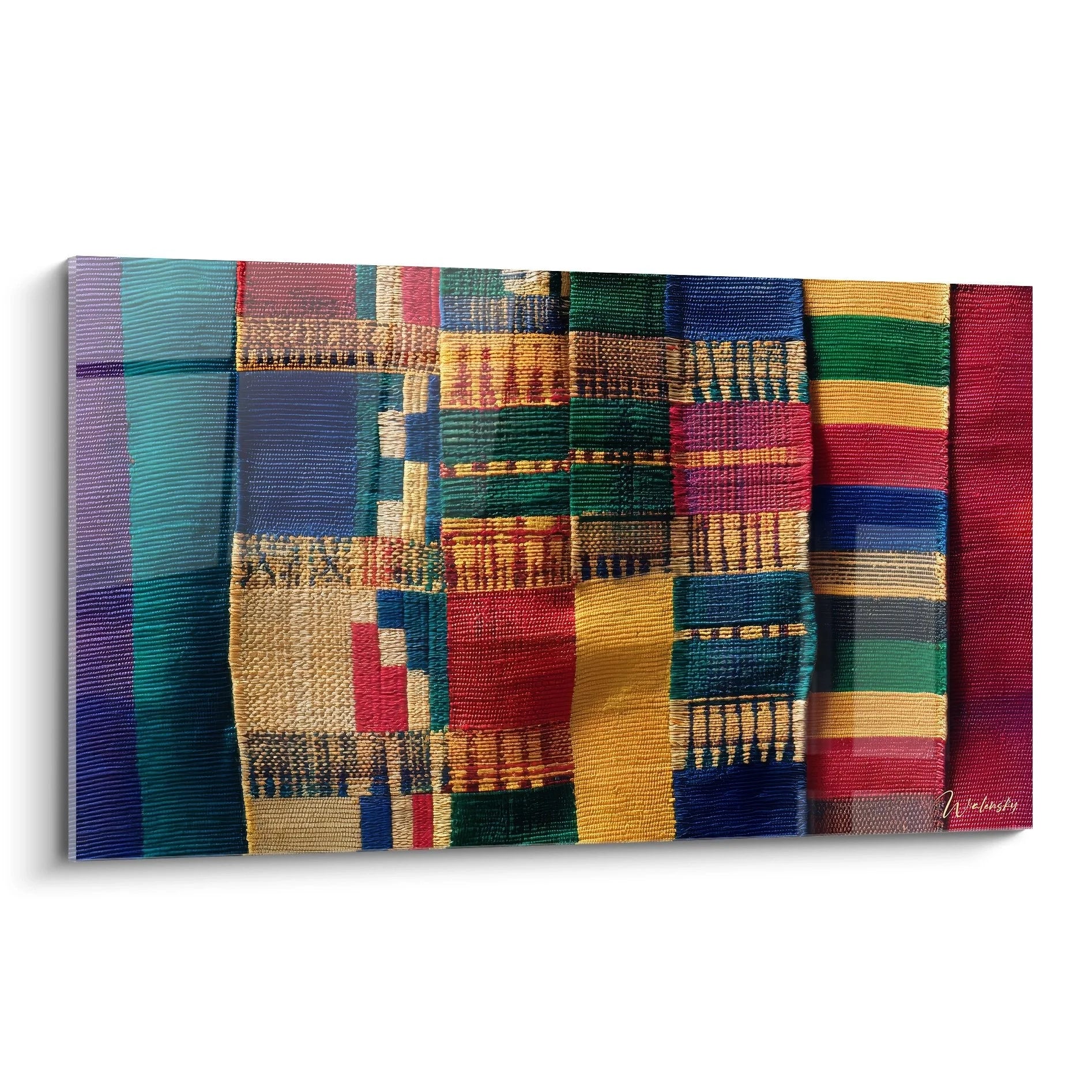 Wandbild mit bunten afrikanischen Textilien und traditionellen Kente-Stoffmustern in leuchtenden Farben