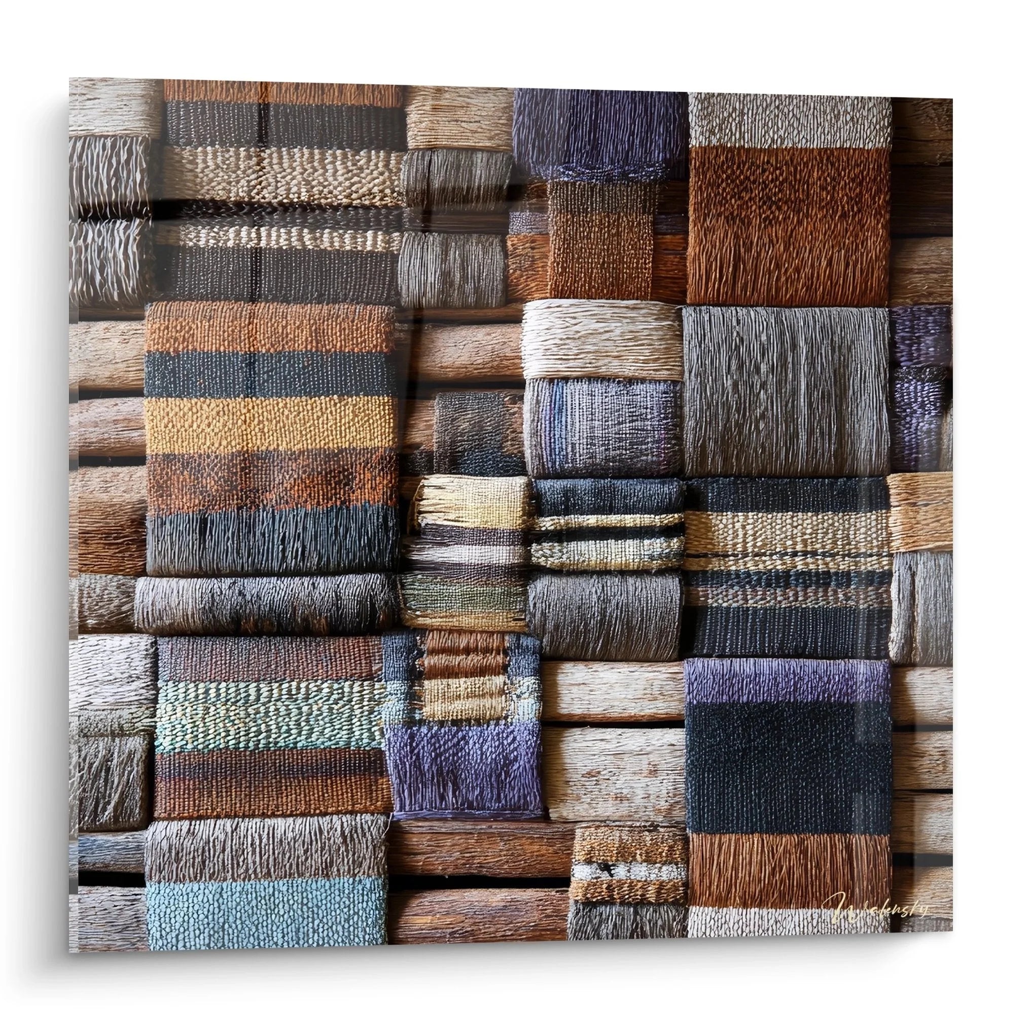 Wandbild afrikanische Textilkunst mit traditionellen Webarbeiten in Erdtönen auf Holzrahmen