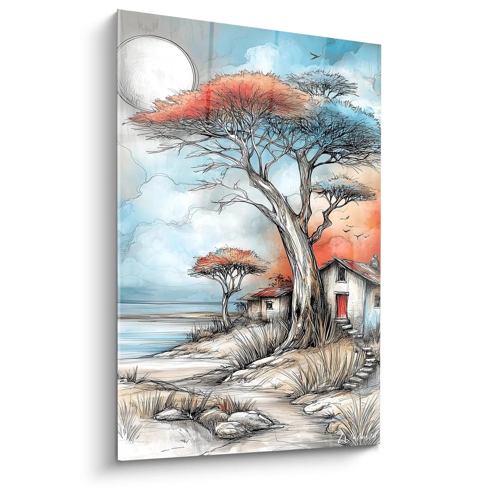 Wandbild Afrikanischer Baobab am Ozean mit Hütten und Savanne Landschaft Premium Leinwand XXL Afrika Deko