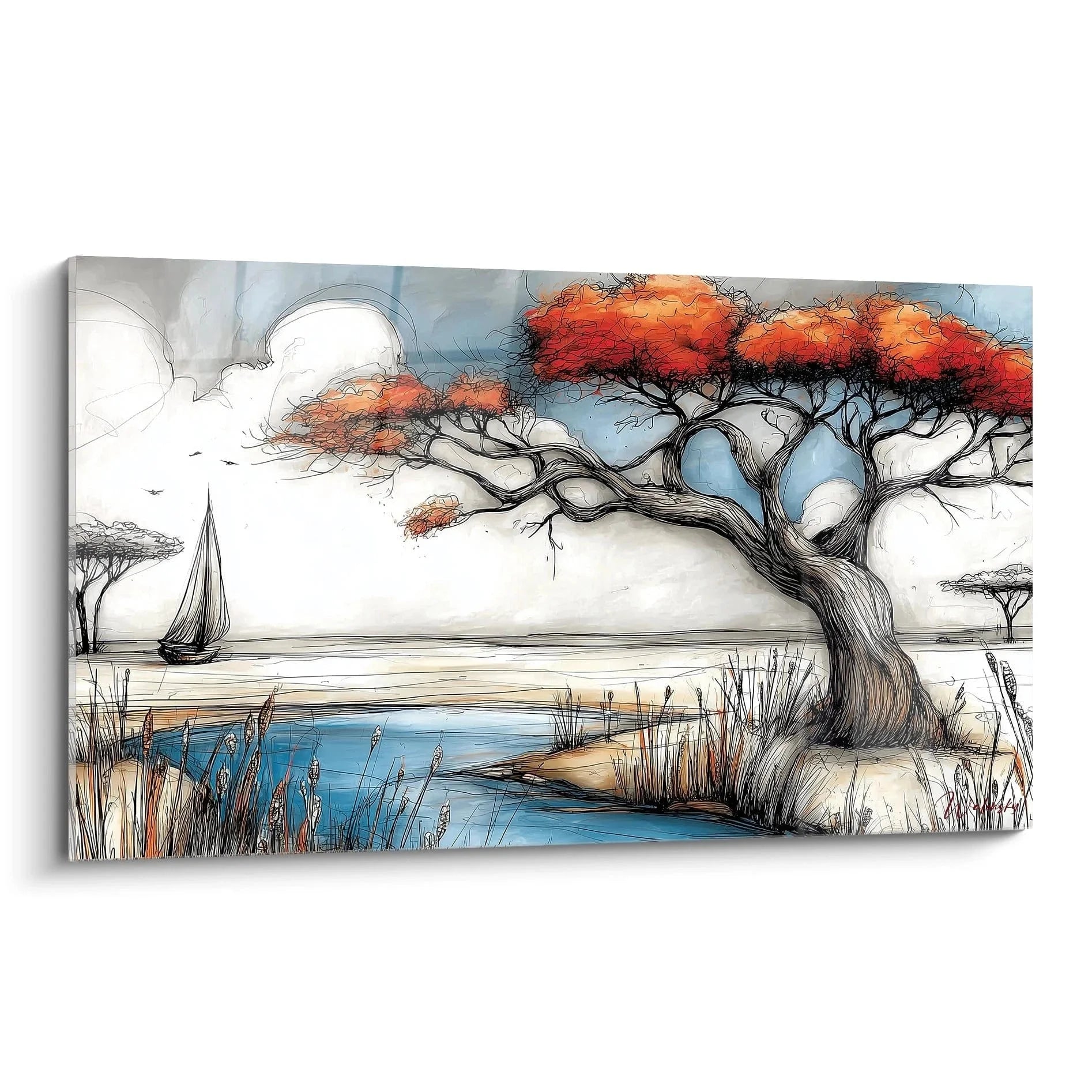 Wandbild afrikanischer Baobab mit Segelboot am Wasser, Savanne Landschaft in Aquarell Stil, Afrika Wanddekoration